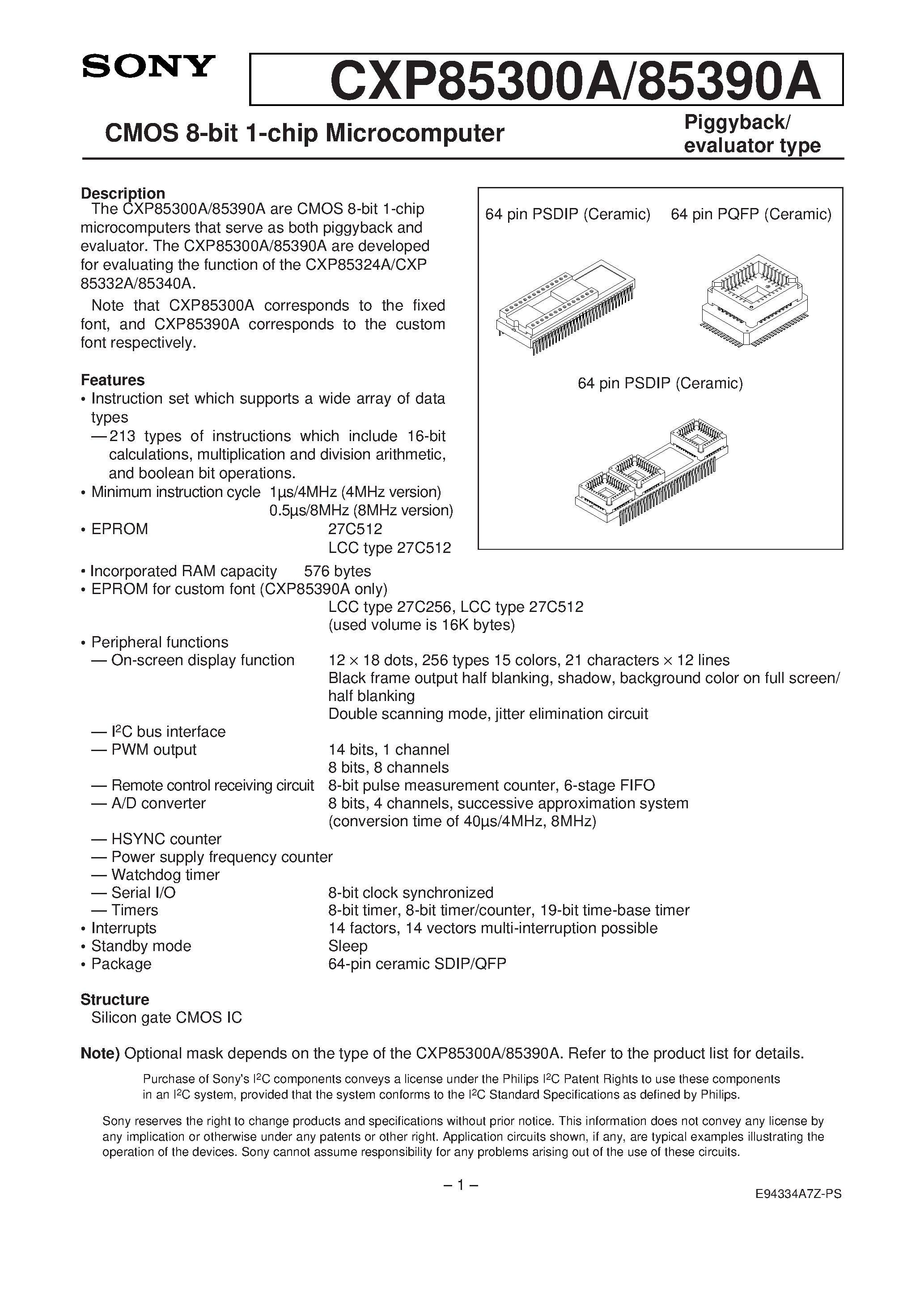 Даташит на микросхему CXP85300A страница 1 Даташит CXP85300A - CMOS 8-bit 1-chip Microcomputer страница 1