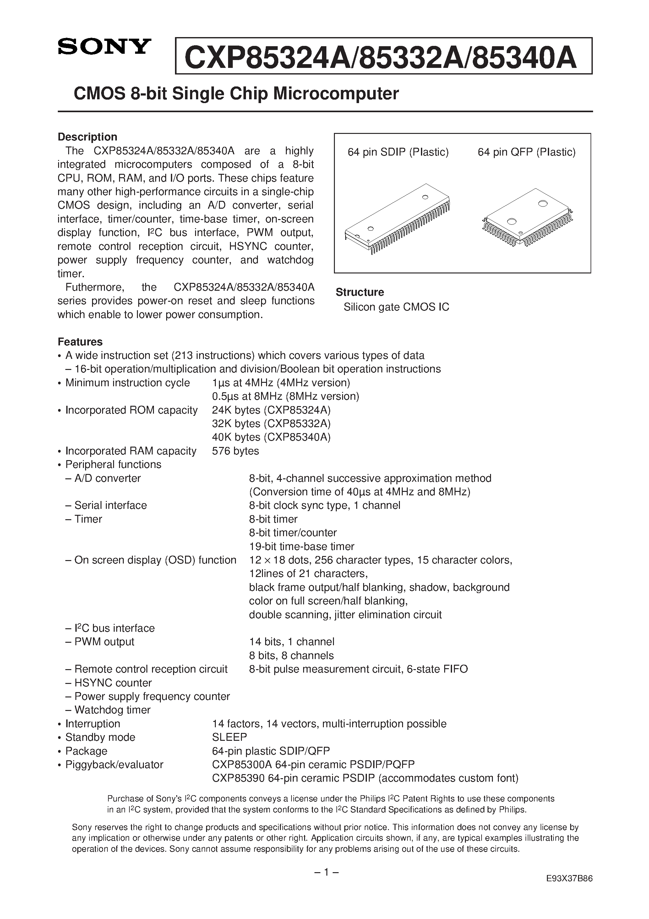 Даташит CXP85324A - CMOS 8-bit Single Chip Microcomputer страница 1