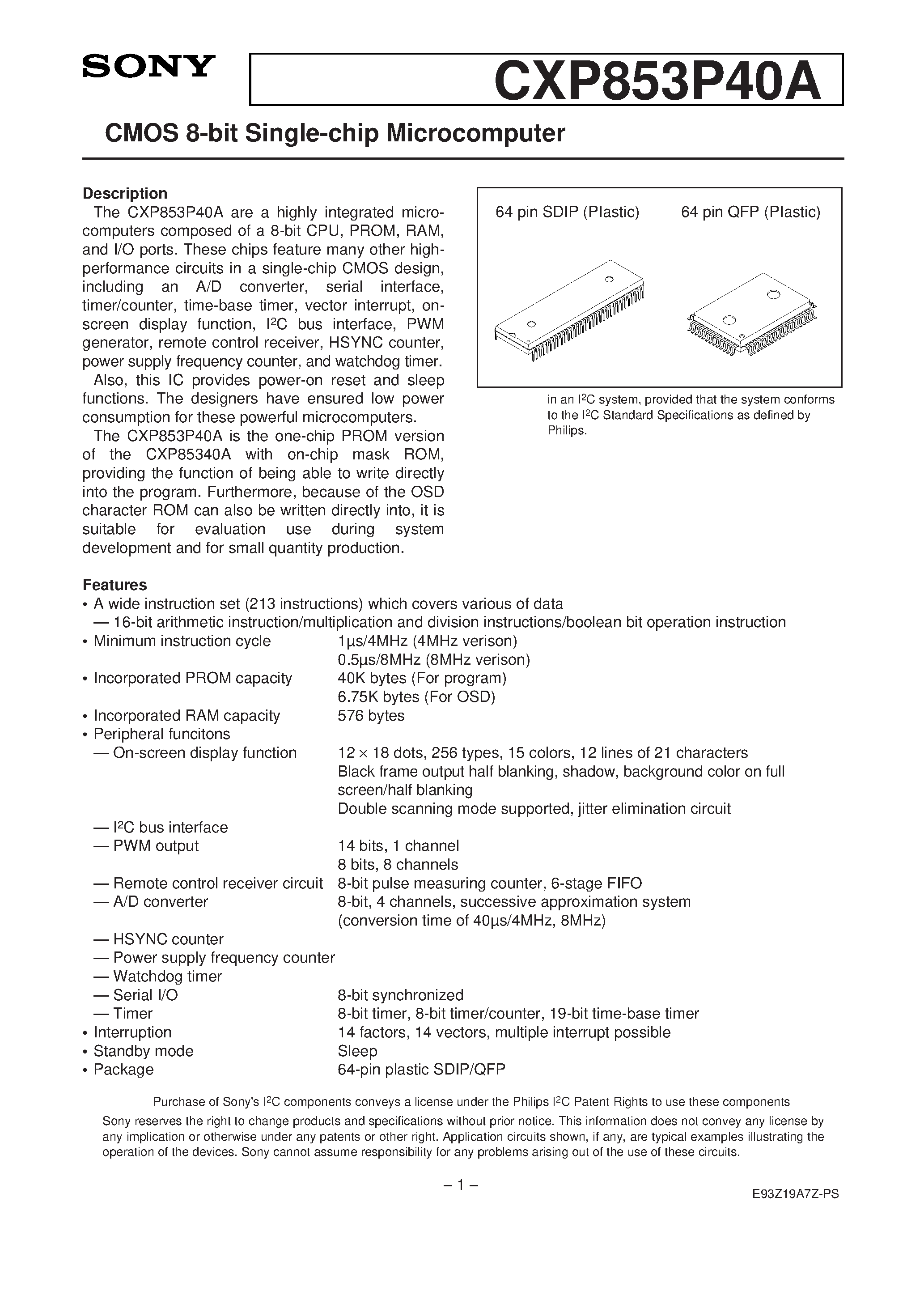 Даташит на микросхему CXP853P40A страница 1 Даташит CXP853P40A - CMOS 8-bit Single-chip Microcomputer страница 1