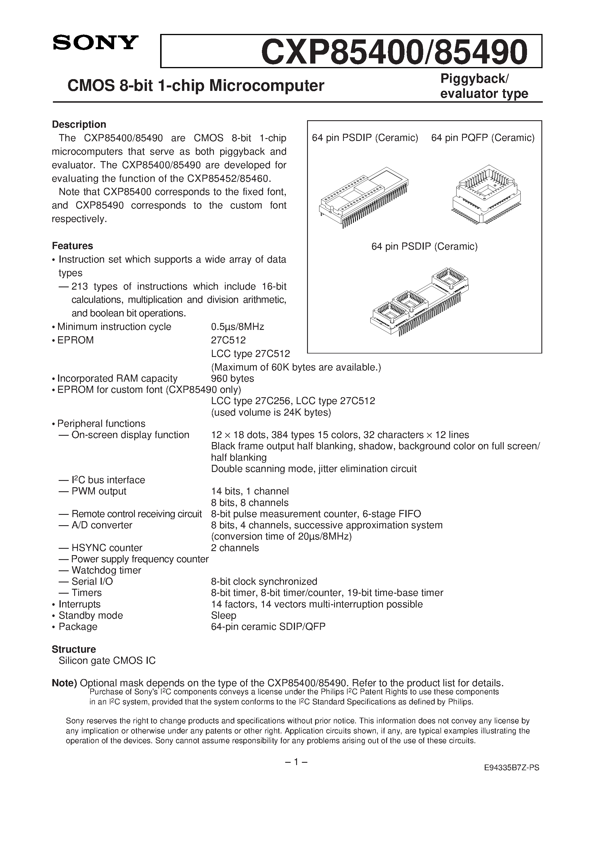 Даташит CXP85400 - CMOS 8-bit 1-chip Microcomputer страница 1
