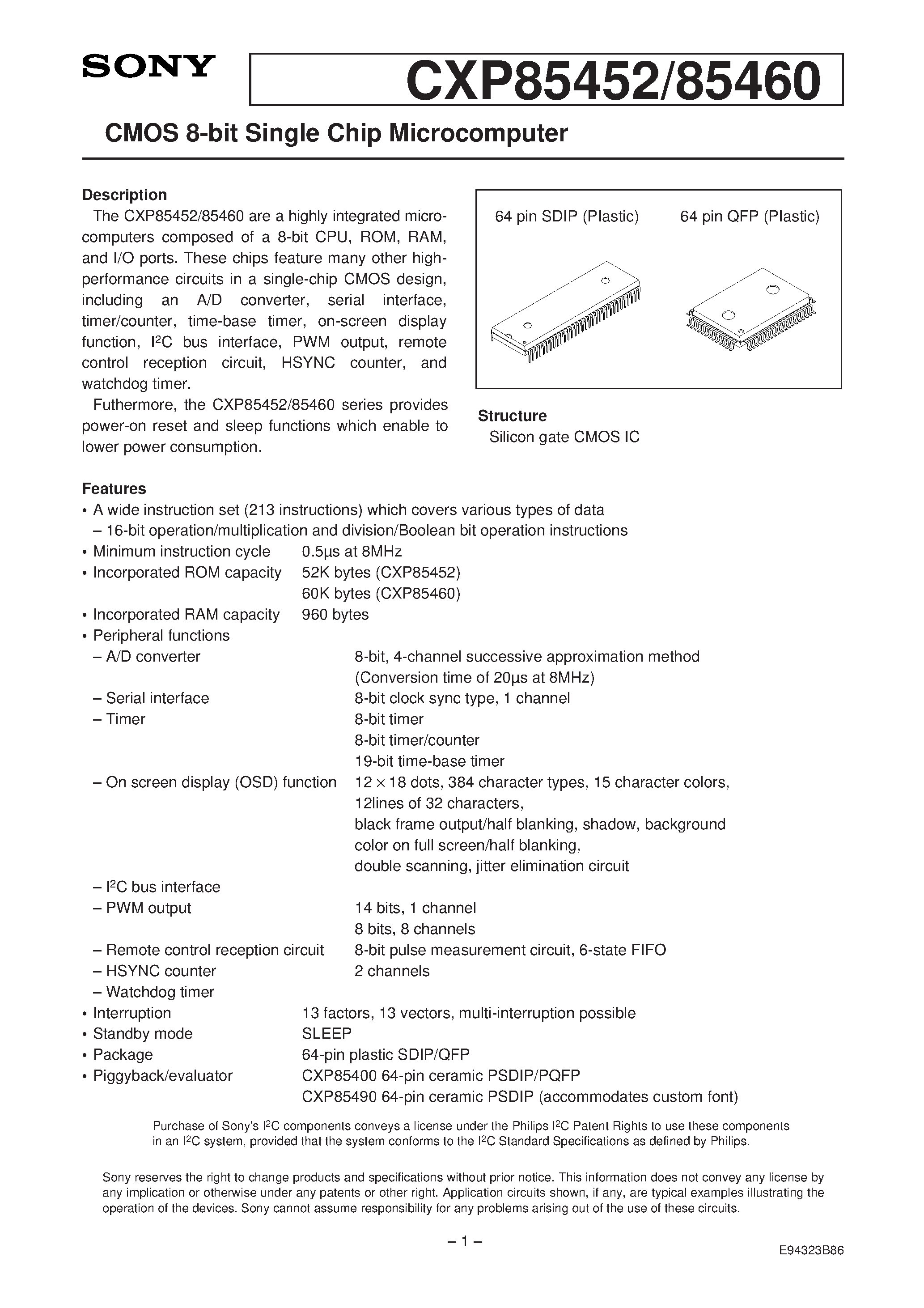 Даташит CXP85460 - CMOS 8-bit Single Chip Microcomputer страница 1