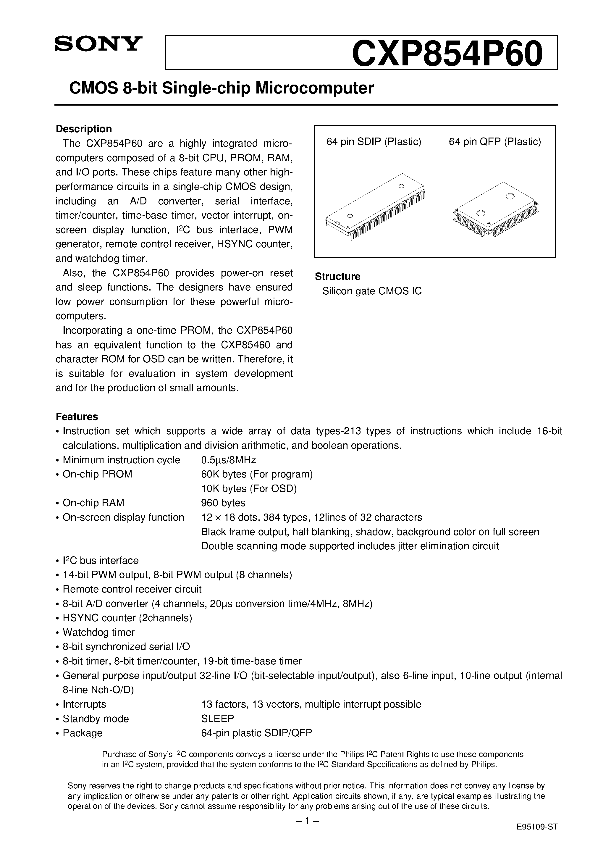 Даташит CXP854P60 - CMOS 8-bit Single-chip Microcomputer страница 1