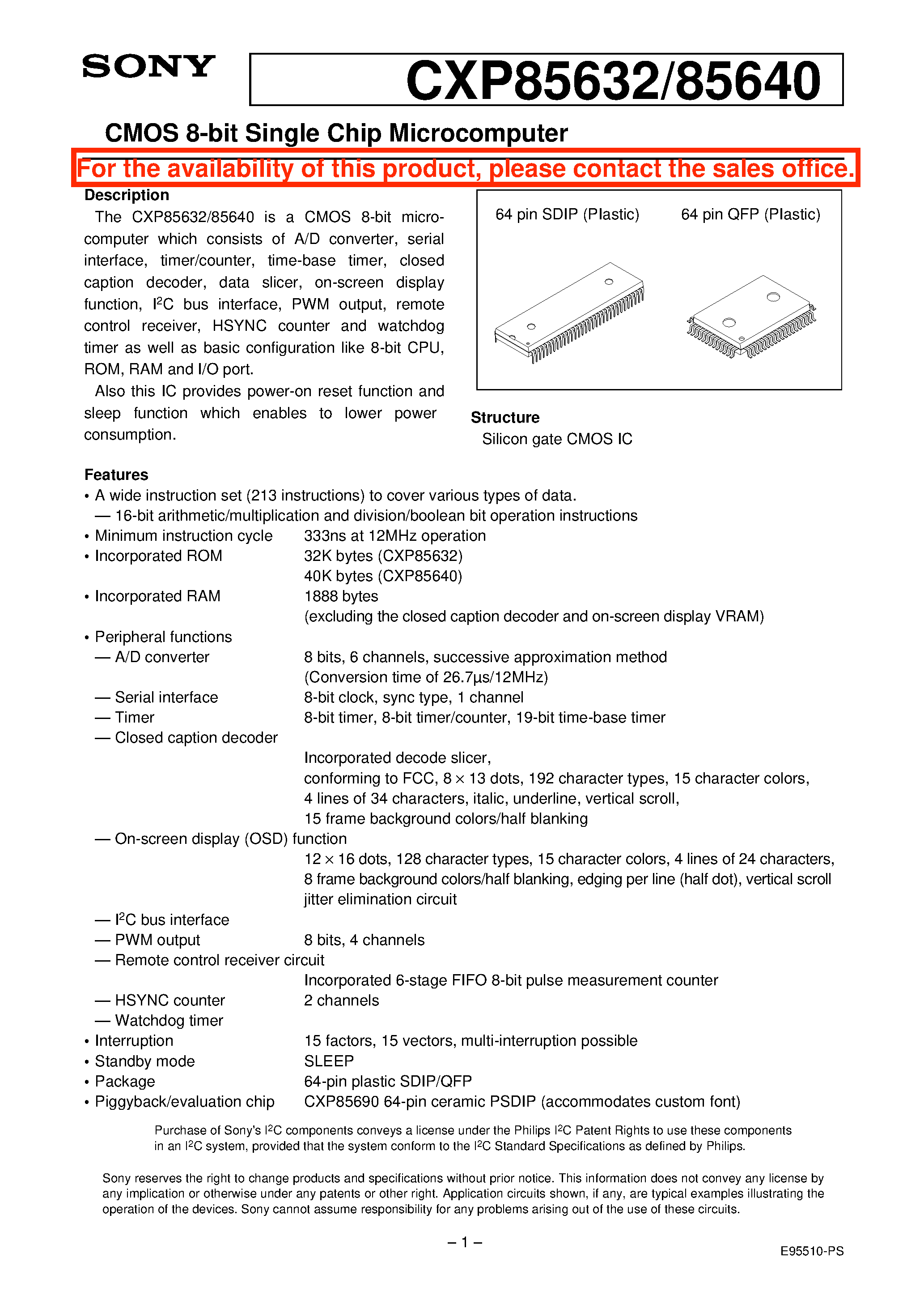 Даташит на микросхему CXP85632 страница 1 Даташит CXP85632 - CMOS 8-bit Single Chip Microcomputer страница 1