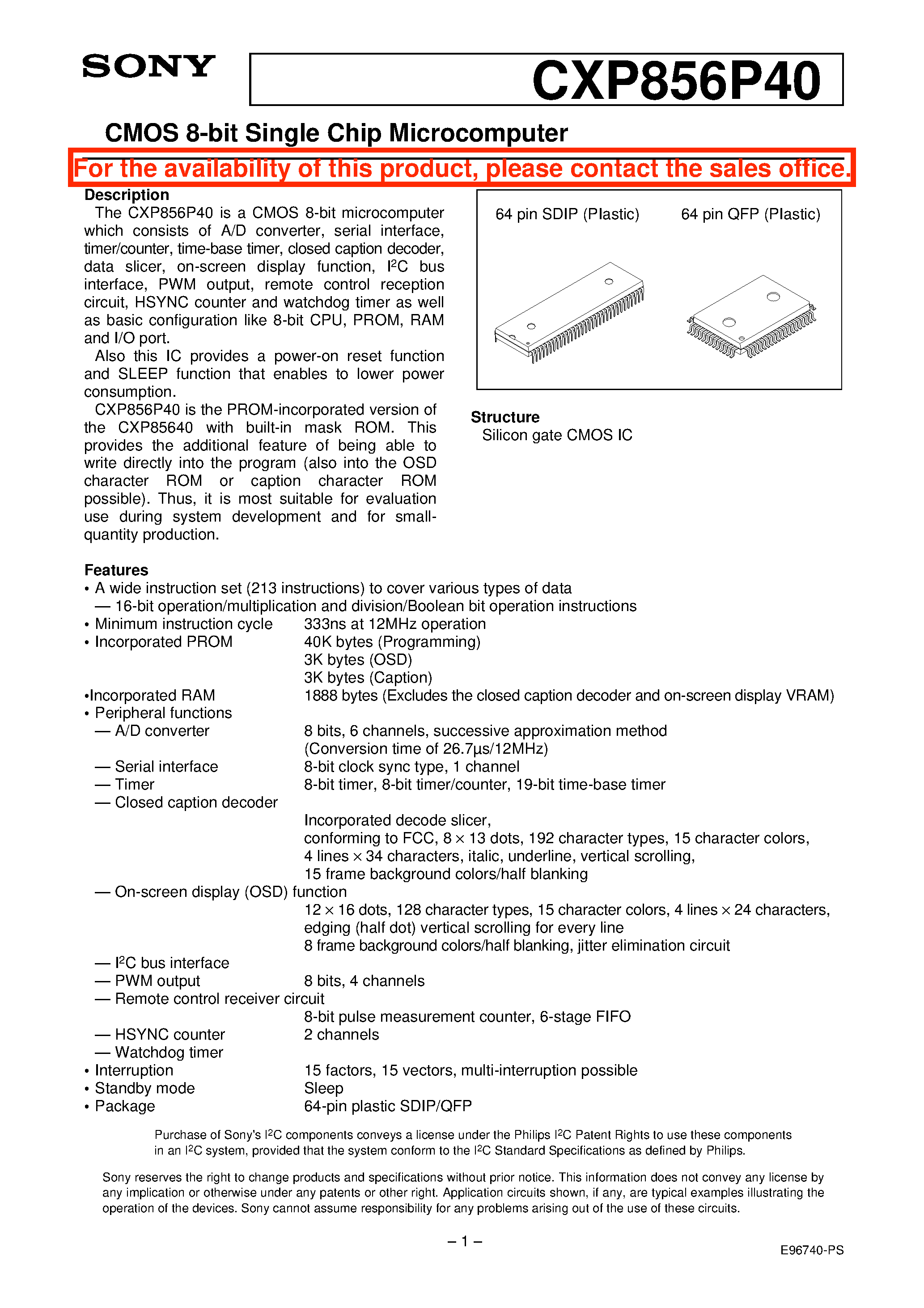 Даташит CXP856P40 - CMOS 8-bit Single Chip Microcomputer страница 1