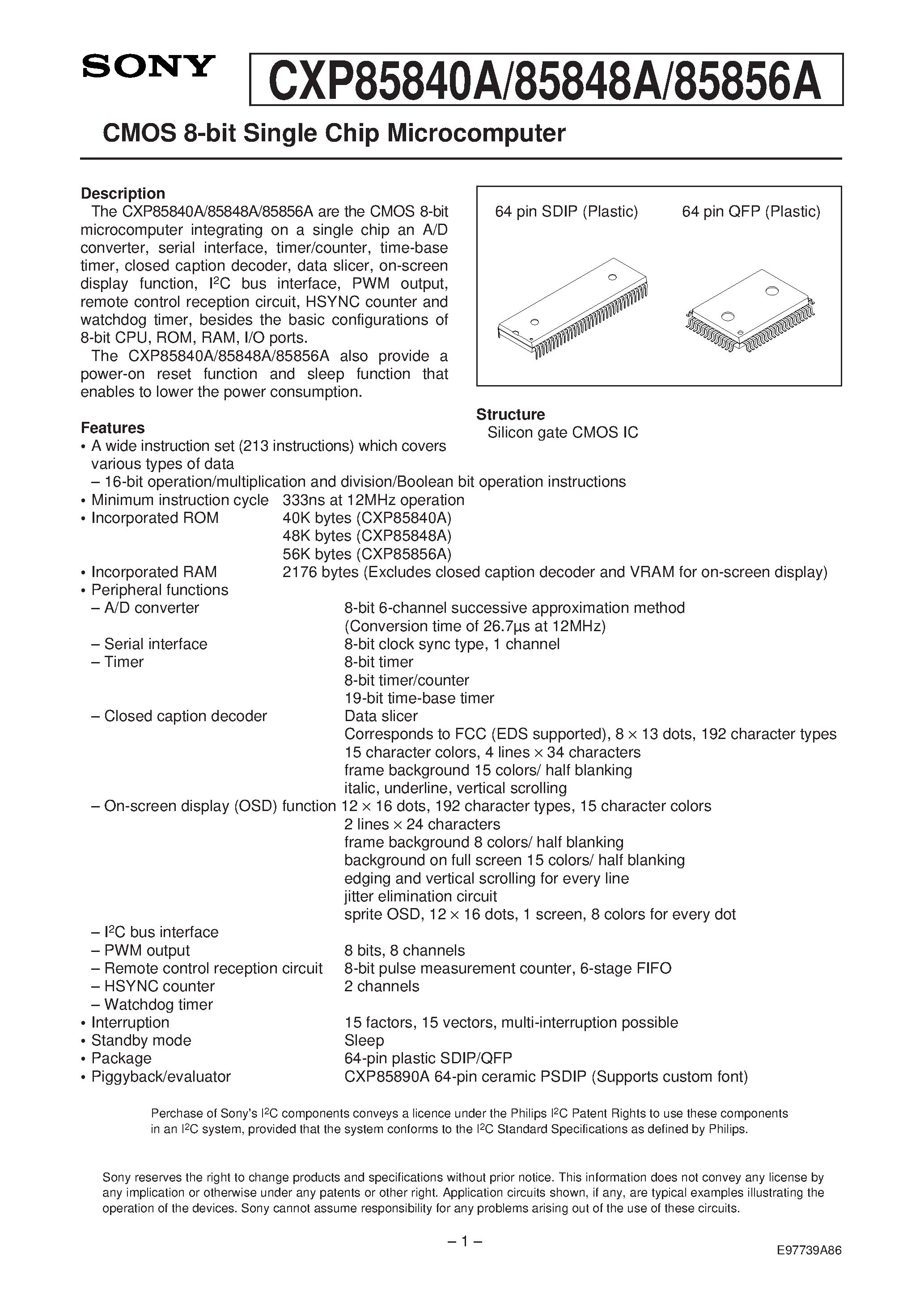Даташит CXP85848A - CMOS 8-bit Single Chip Microcomputer страница 1