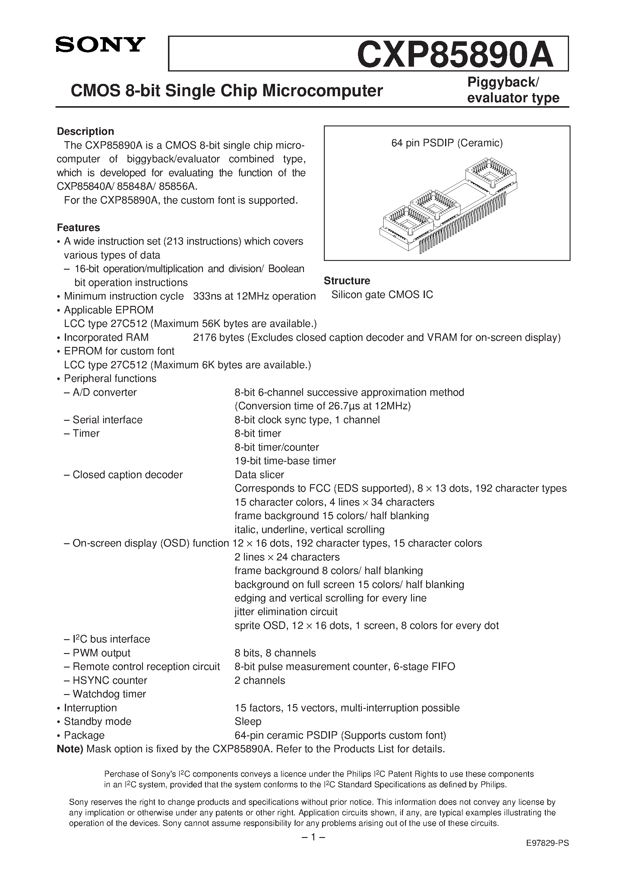 Даташит CXP85890A - CMOS 8-bit Single Chip Microcomputer страница 1