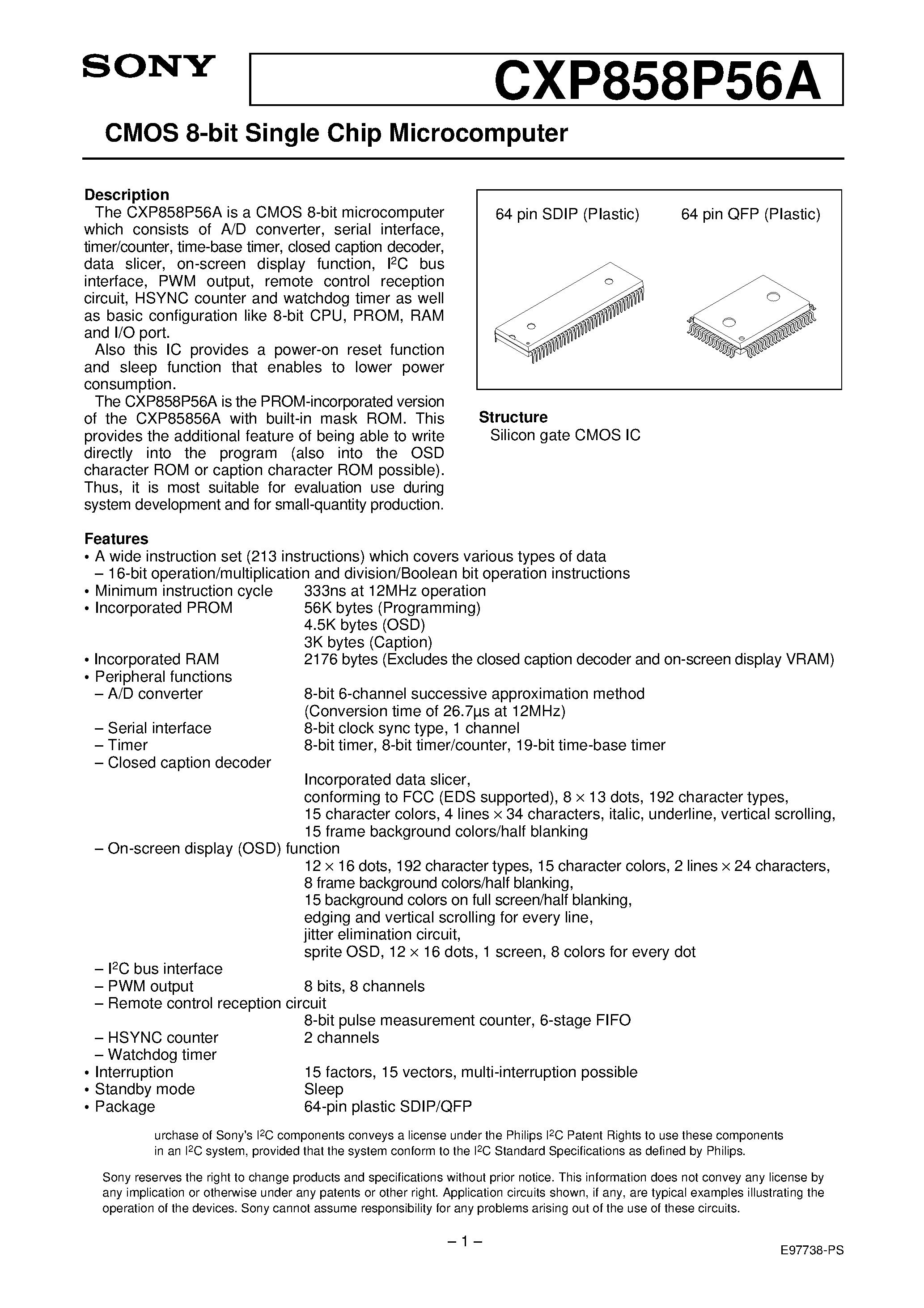 Даташит CXP858P56A - CMOS 8-bit Single Chip Microcomputer страница 1