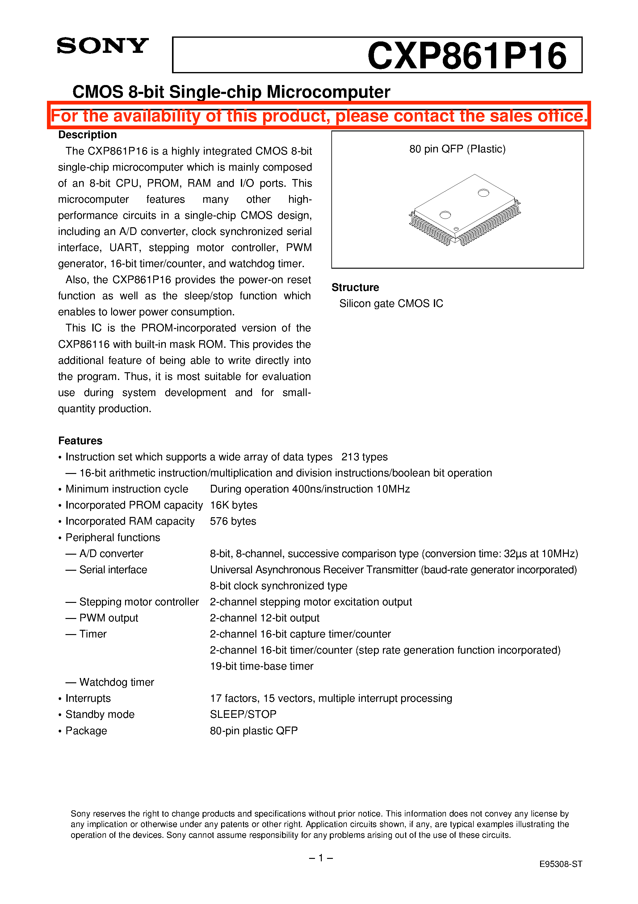 Даташит на микросхему CXP861P16 страница 1 Даташит CXP861P16 - CMOS 8-bit Single-chip Microcomputer страница 1