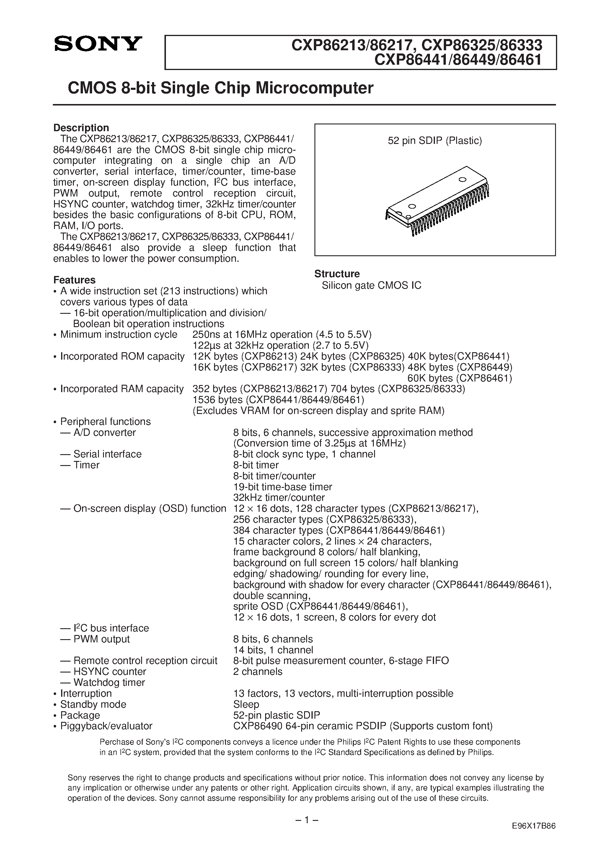 Даташит на микросхему CXP86333 страница 1 Даташит CXP86333 - CMOS 8-bit Single Chip Microcomputer страница 1