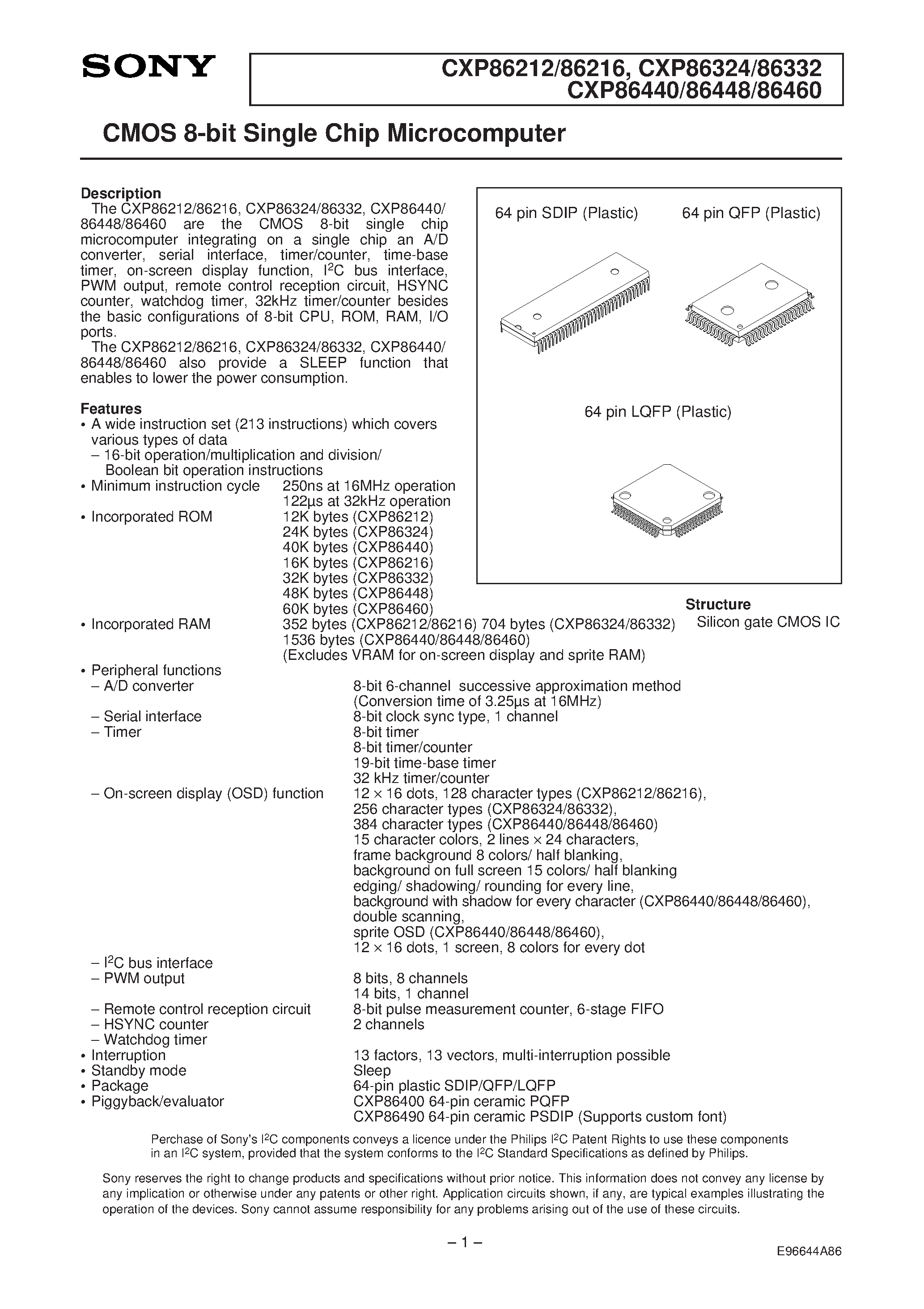 Даташит CXP86460 - CMOS 8-bit Single Chip Microcomputer страница 1