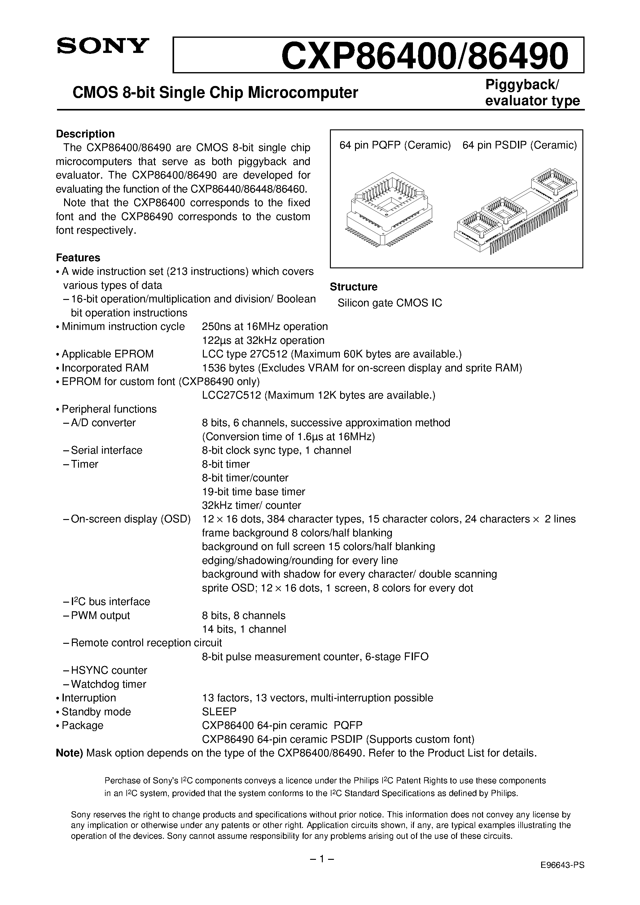 Даташит на микросхему CXP86490 страница 1 Даташит CXP86490 - CMOS 8-bit Single Chip Microcomputer страница 1
