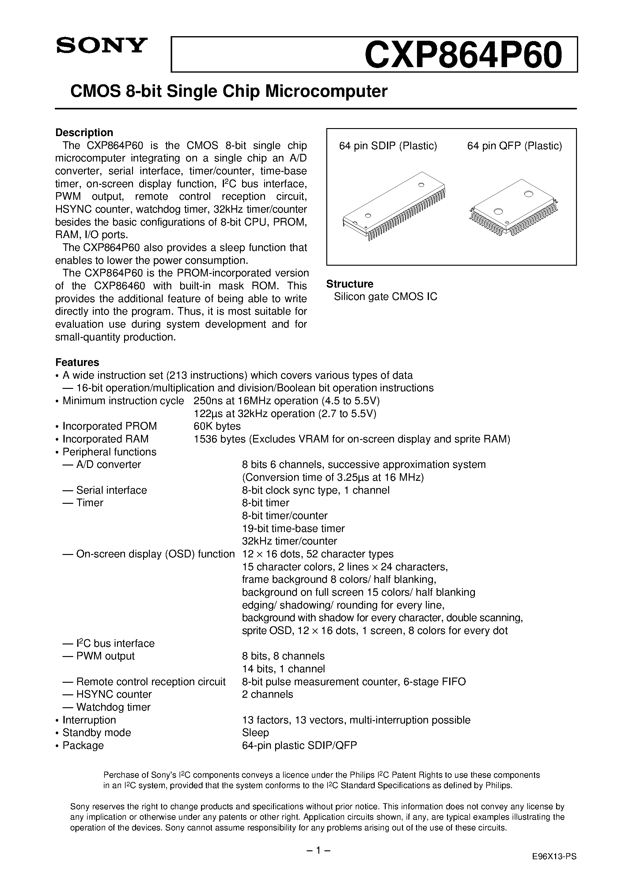 Даташит CXP864P60 - CMOS 8-bit Single Chip Microcomputer страница 1