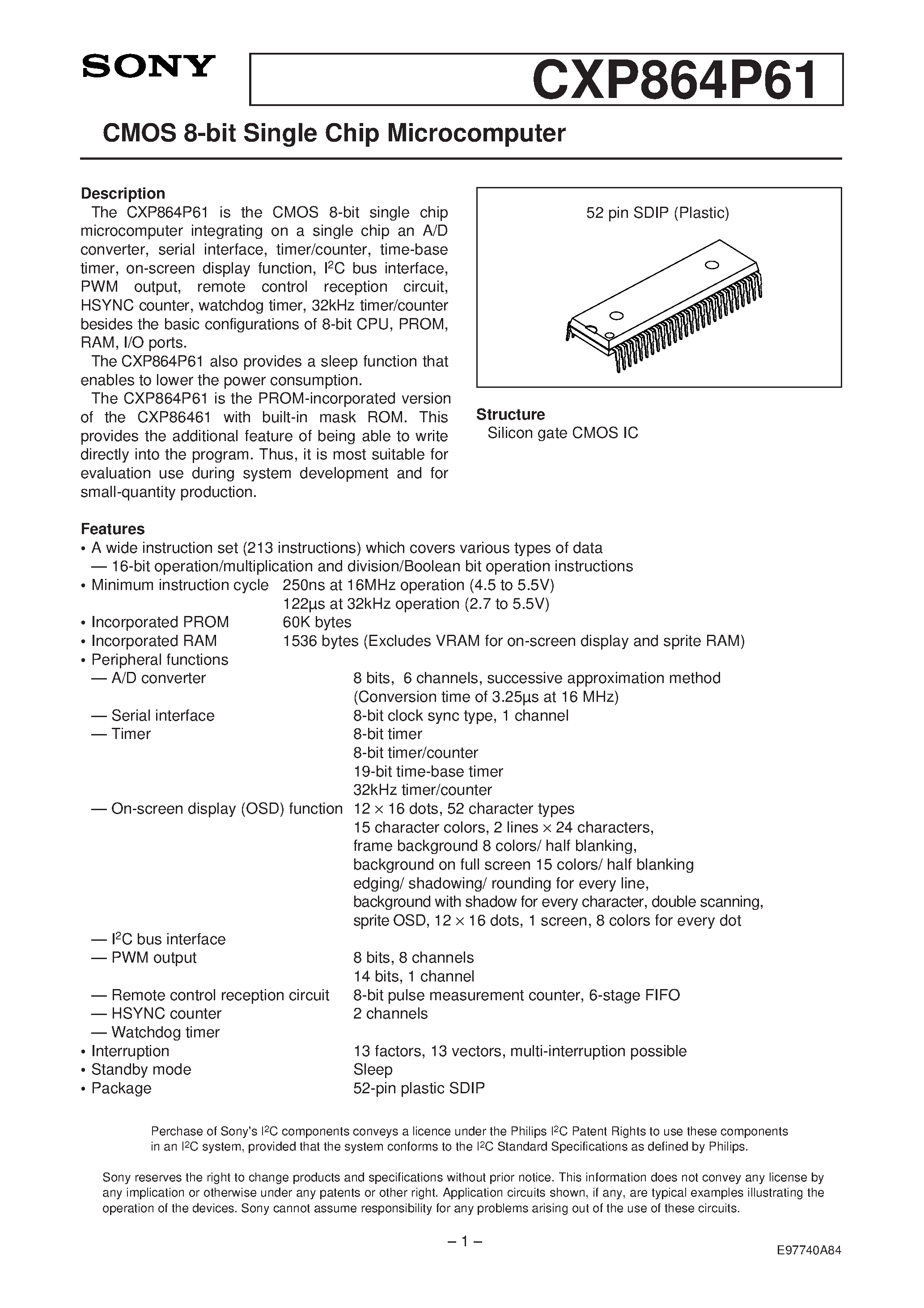 Даташит на микросхему CXP864P61 страница 1 Даташит CXP864P61 - CMOS 8-bit Single Chip Microcomputer страница 1
