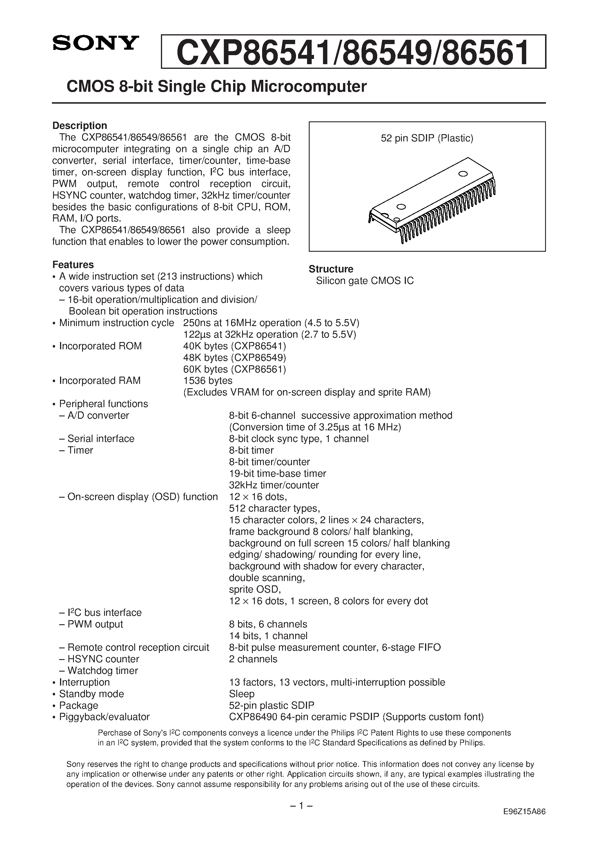 Даташит на микросхему CXP86541 страница 1 Даташит CXP86541 - CMOS 8-bit Single Chip Microcomputer страница 1