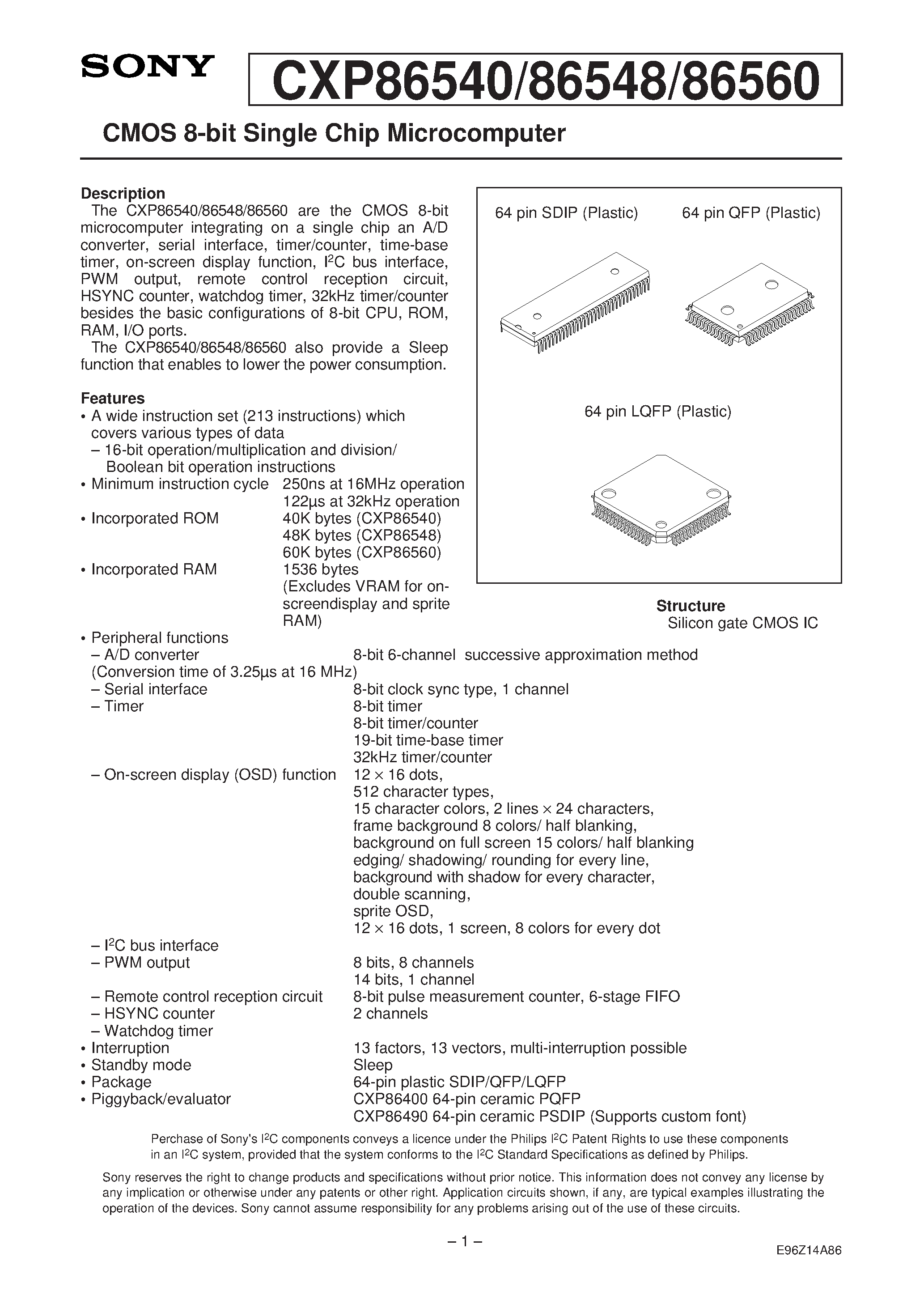 Даташит CXP86548 - CMOS 8-bit Single Chip Microcomputer страница 1