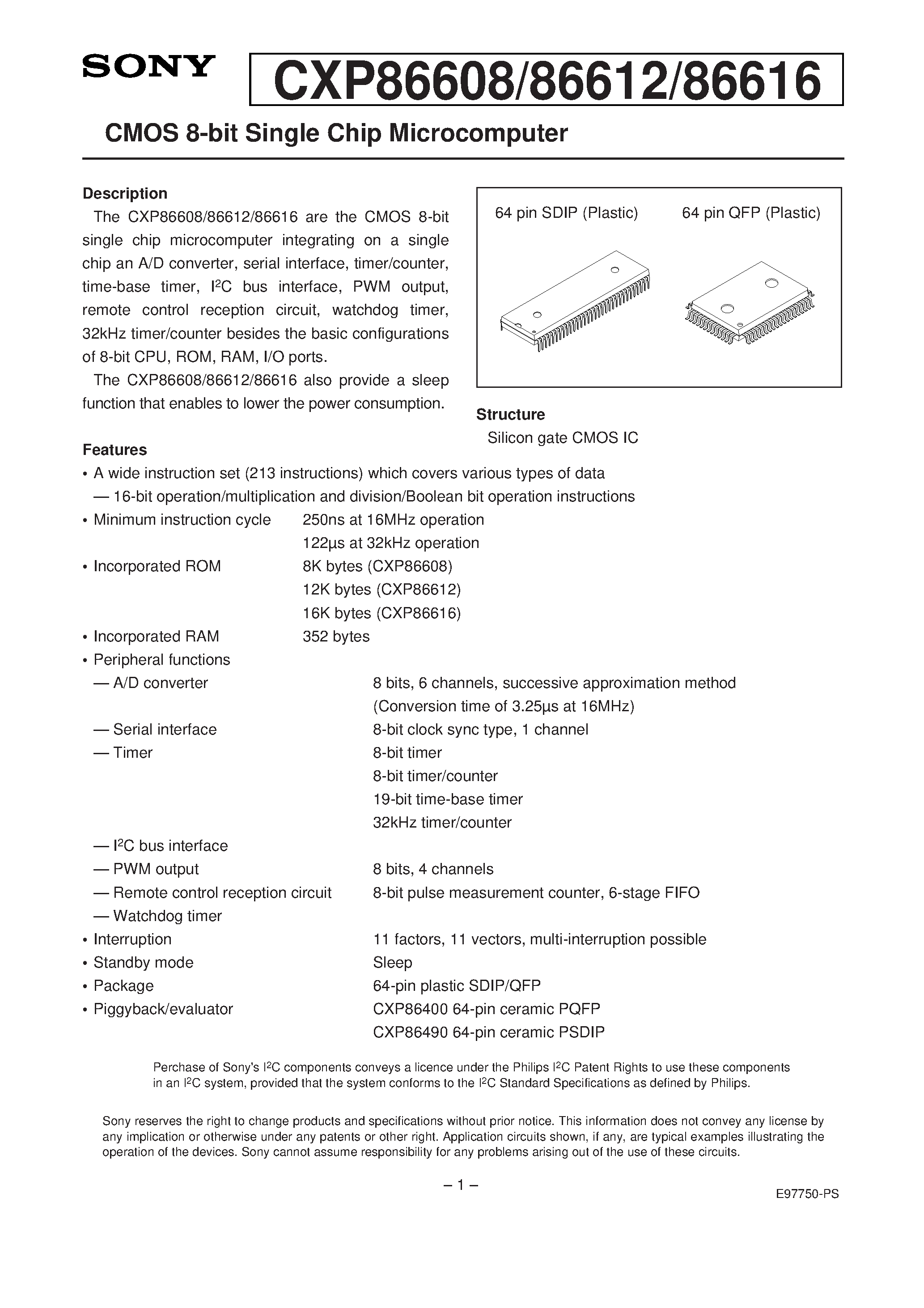 Даташит на микросхему CXP86616 страница 1 Даташит CXP86616 - CMOS 8-bit Single Chip Microcomputer страница 1