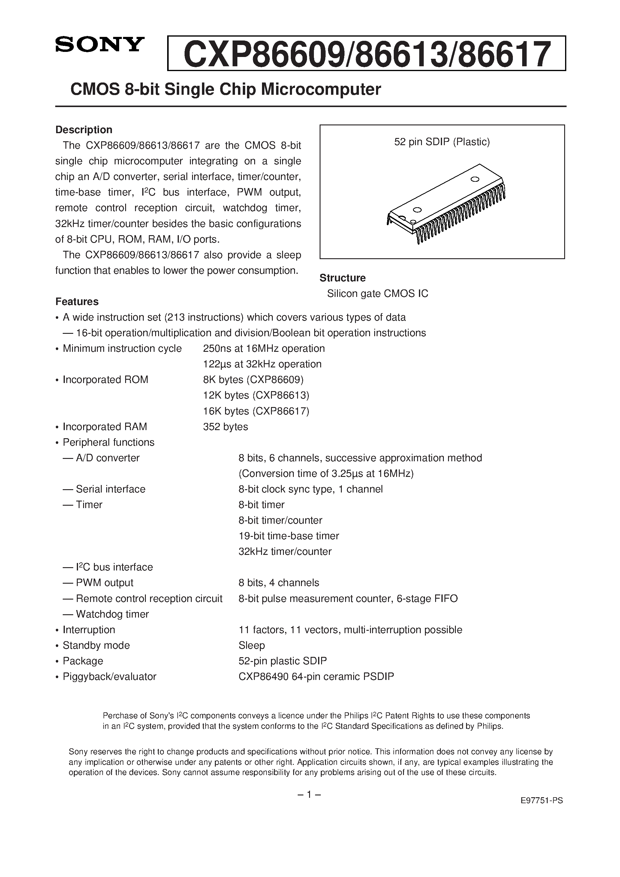 Даташит на микросхему CXP86617 страница 1 Даташит CXP86617 - CMOS 8-bit Single Chip Microcomputer страница 1