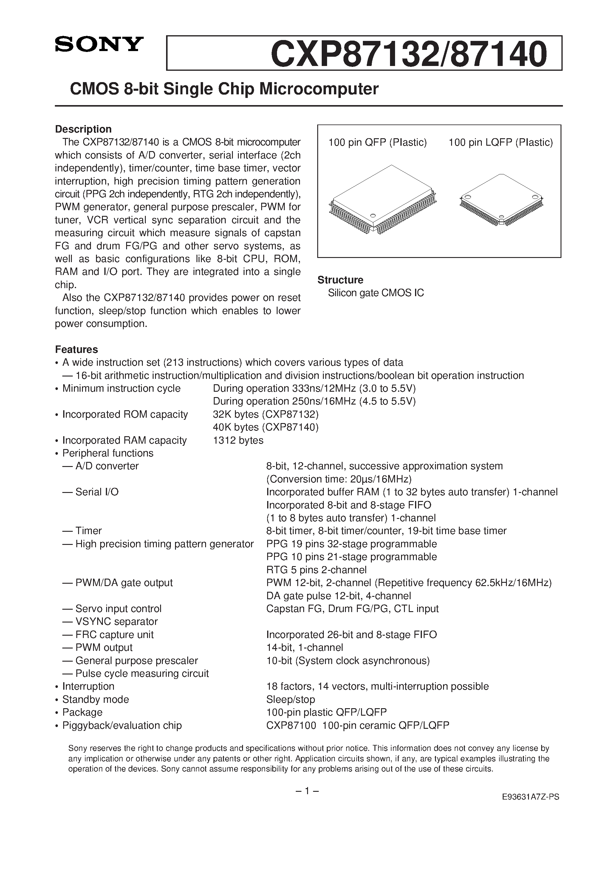 Даташит на микросхему CXP87132 страница 1 Даташит CXP87132 - CMOS 8-bit Single Chip Microcomputer страница 1