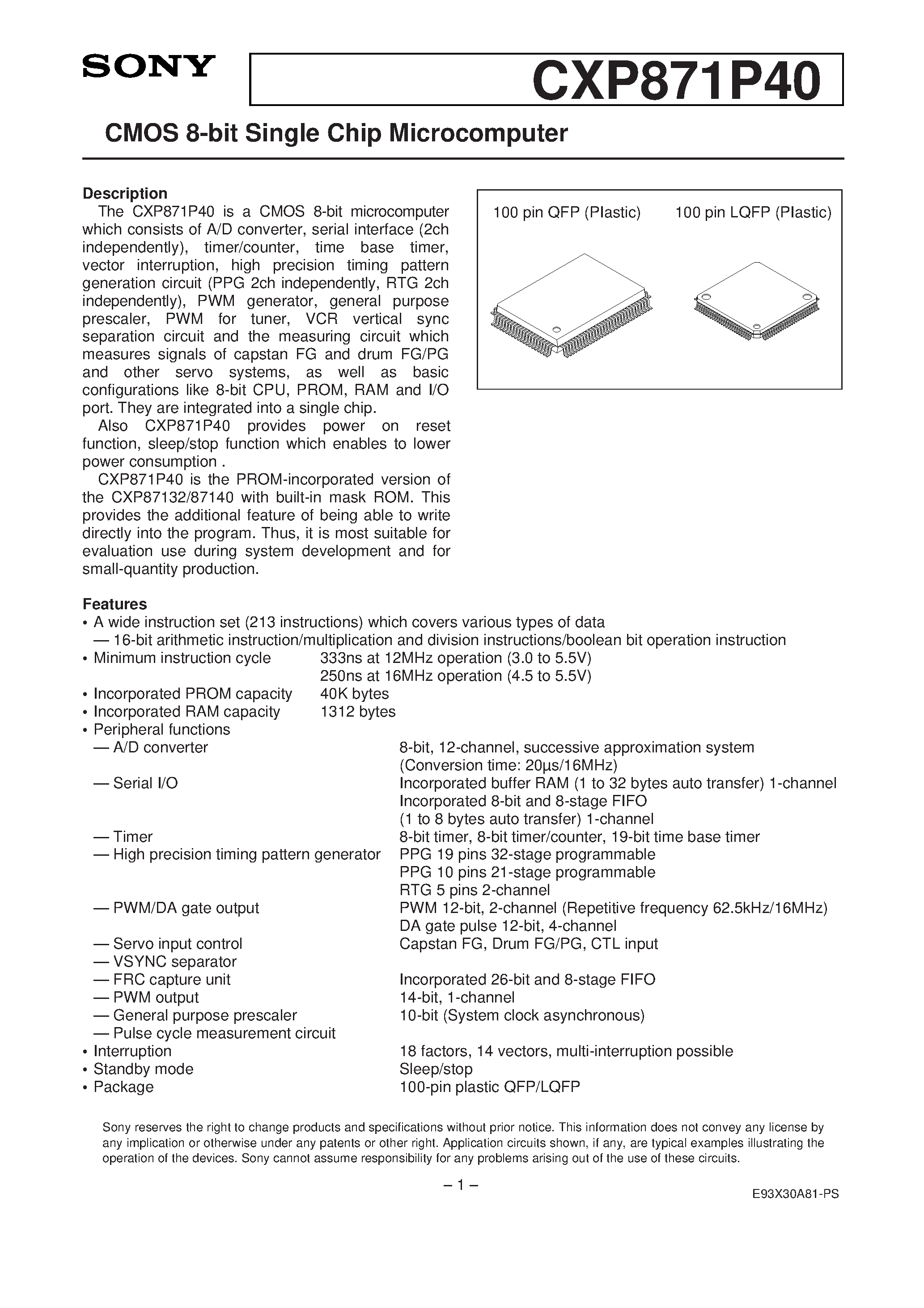 Даташит CXP871P40 - CMOS 8-bit Single Chip Microcomputer страница 1