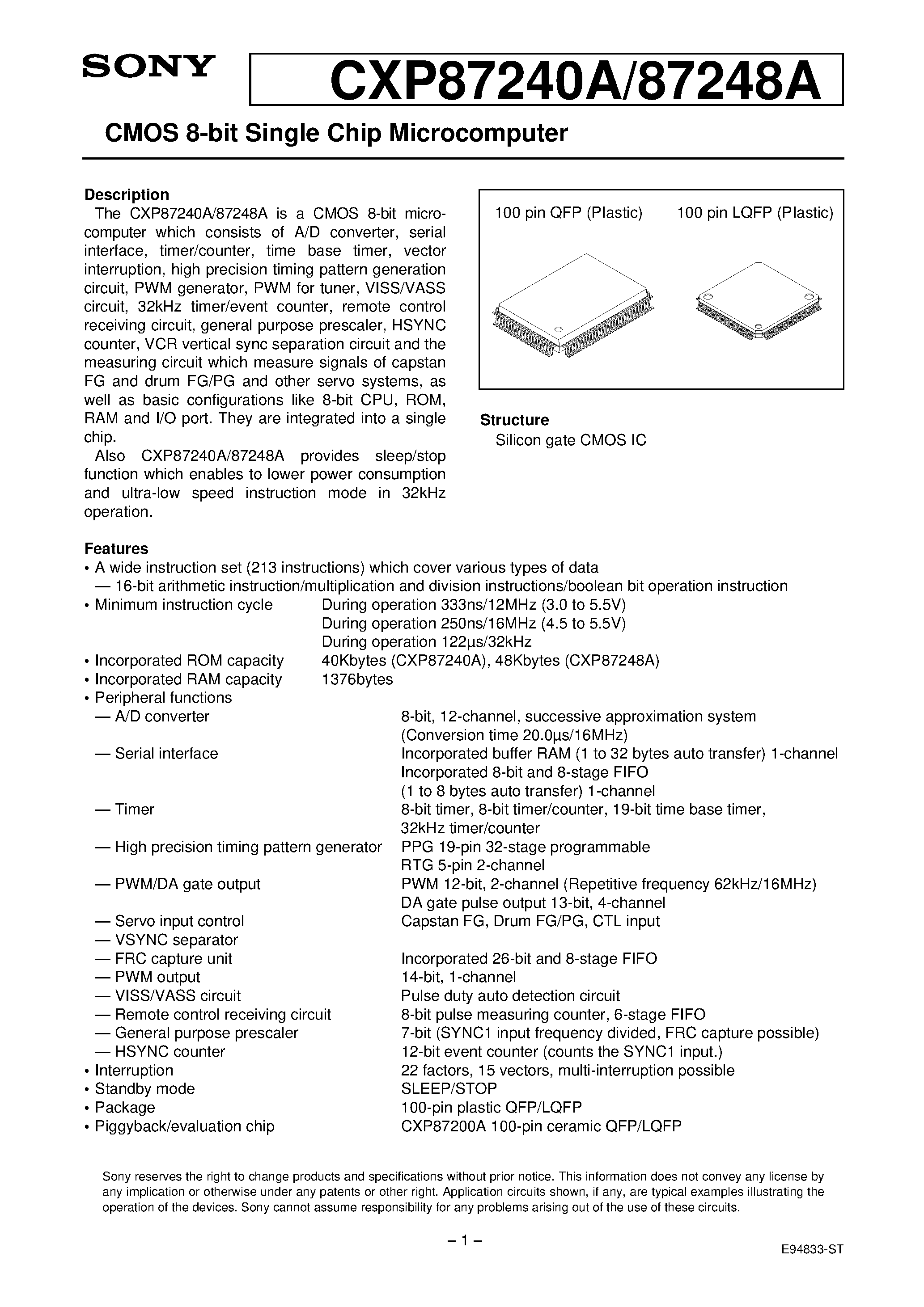 Даташит CXP87248A - CMOS 8-bit Single Chip Microcomputer страница 1