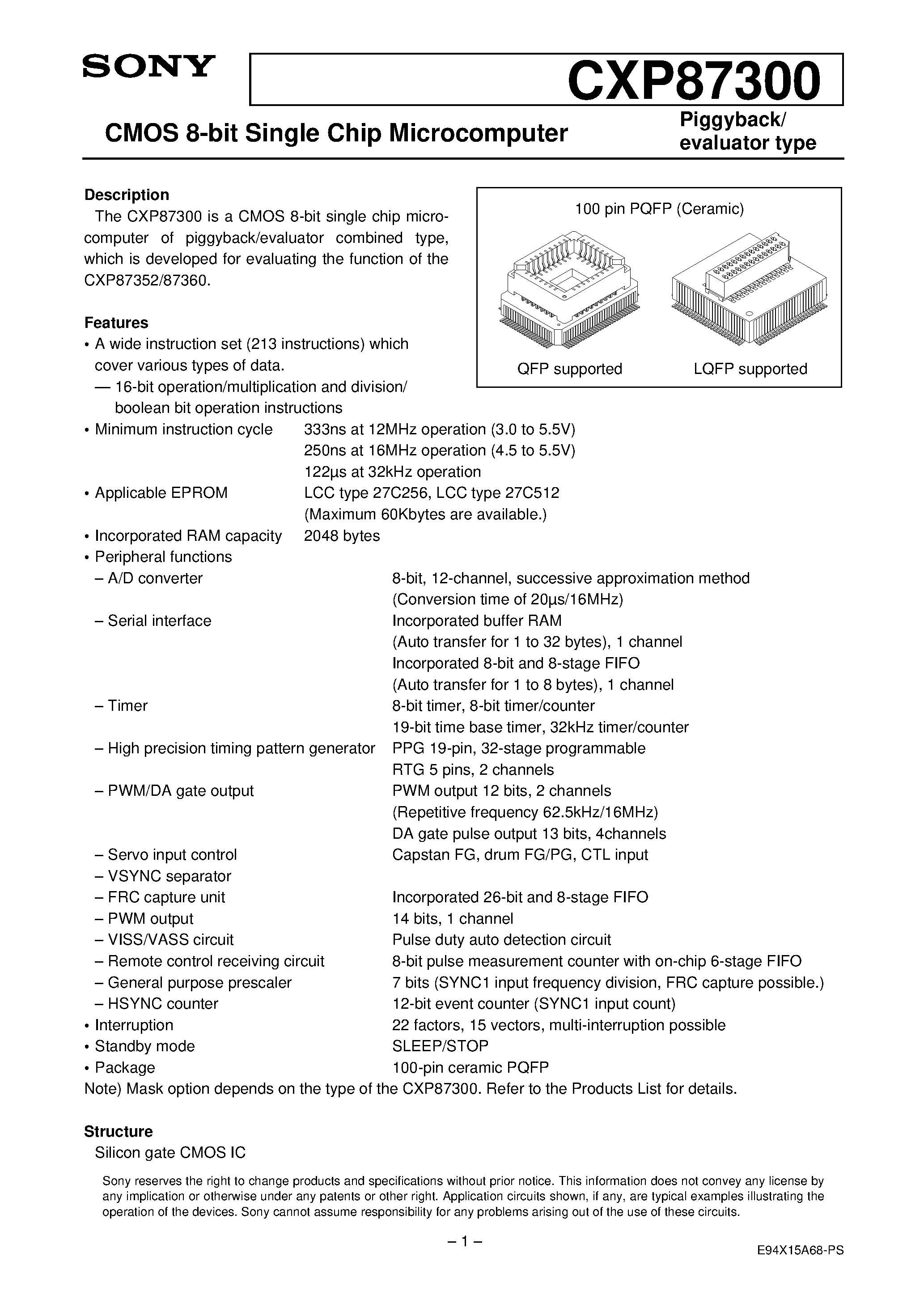 Даташит CXP87300 - CMOS 8-bit Single Chip Microcomputer страница 1
