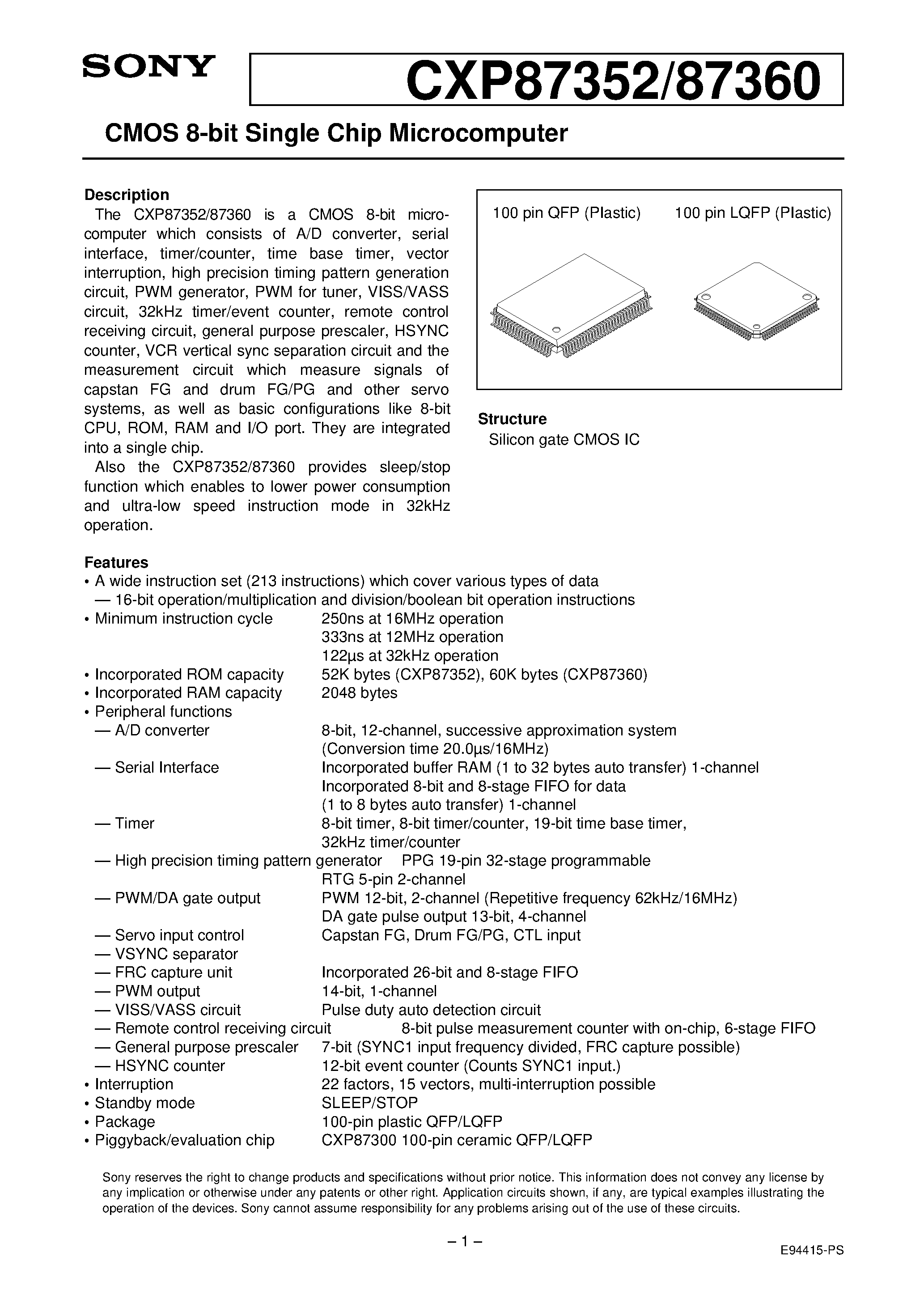 Даташит на микросхему CXP87352 страница 1 Даташит CXP87352 - CMOS 8-bit Single Chip Microcomputer страница 1