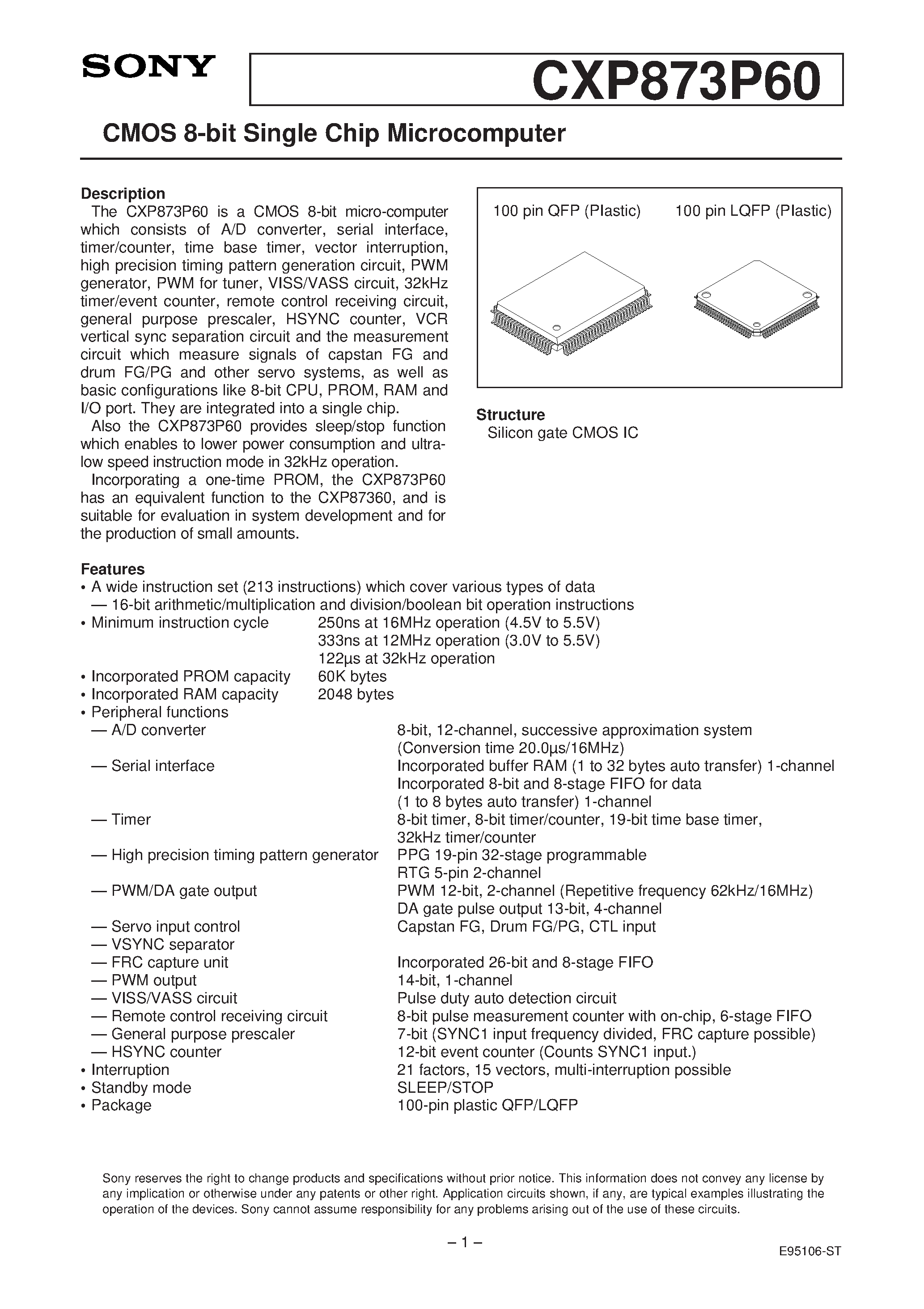 Даташит CXP873P60 - CMOS 8-bit Single Chip Microcomputer страница 1
