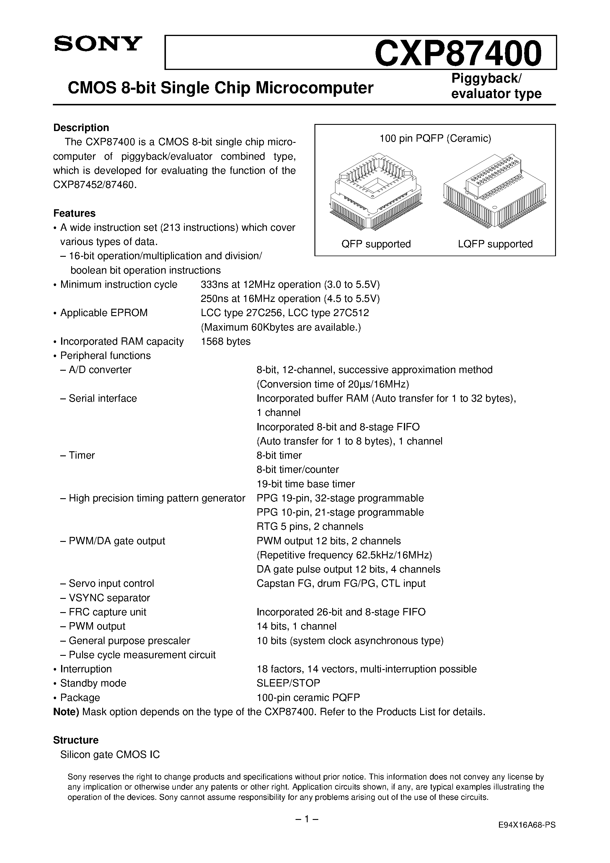 Даташит на микросхему CXP87400 страница 1 Даташит CXP87400 - CMOS 8-bit Single Chip Microcomputer страница 1