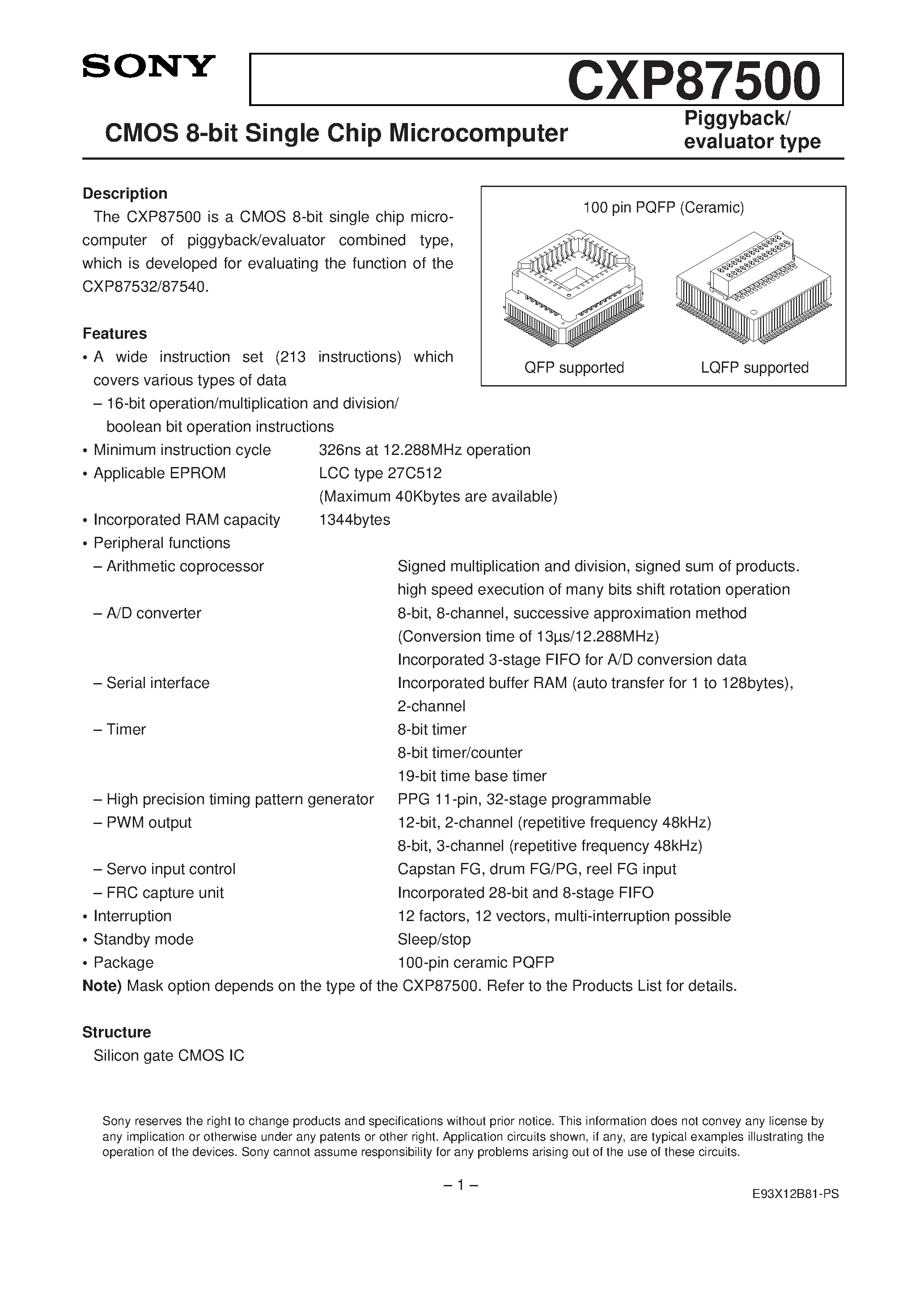 Даташит на микросхему CXP87500 страница 1 Даташит CXP87500 - CMOS 8-bit Single Chip Microcomputer страница 1