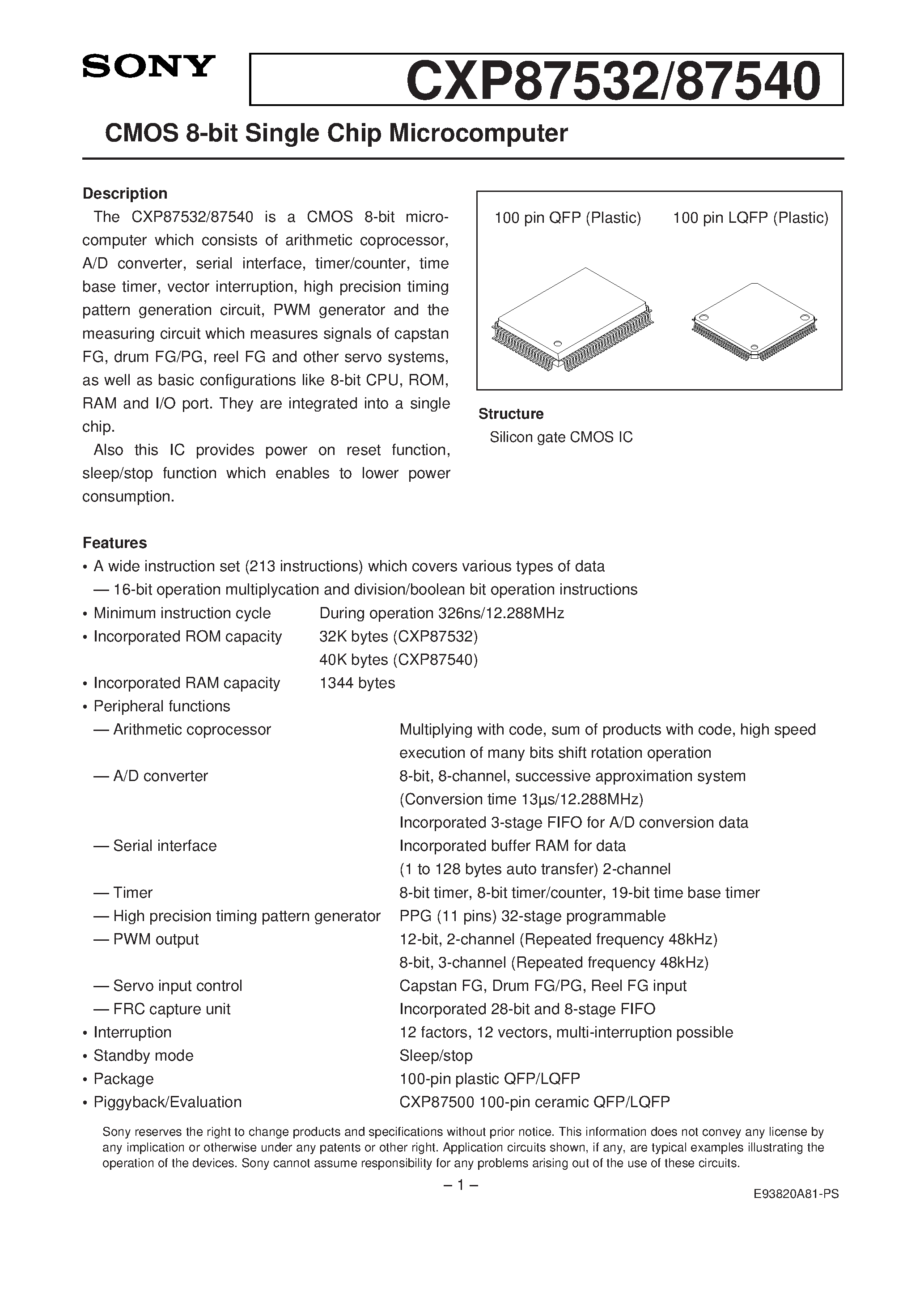 Даташит на микросхему CXP87540 страница 1 Даташит CXP87540 - CMOS 8-bit Single Chip Microcomputer страница 1