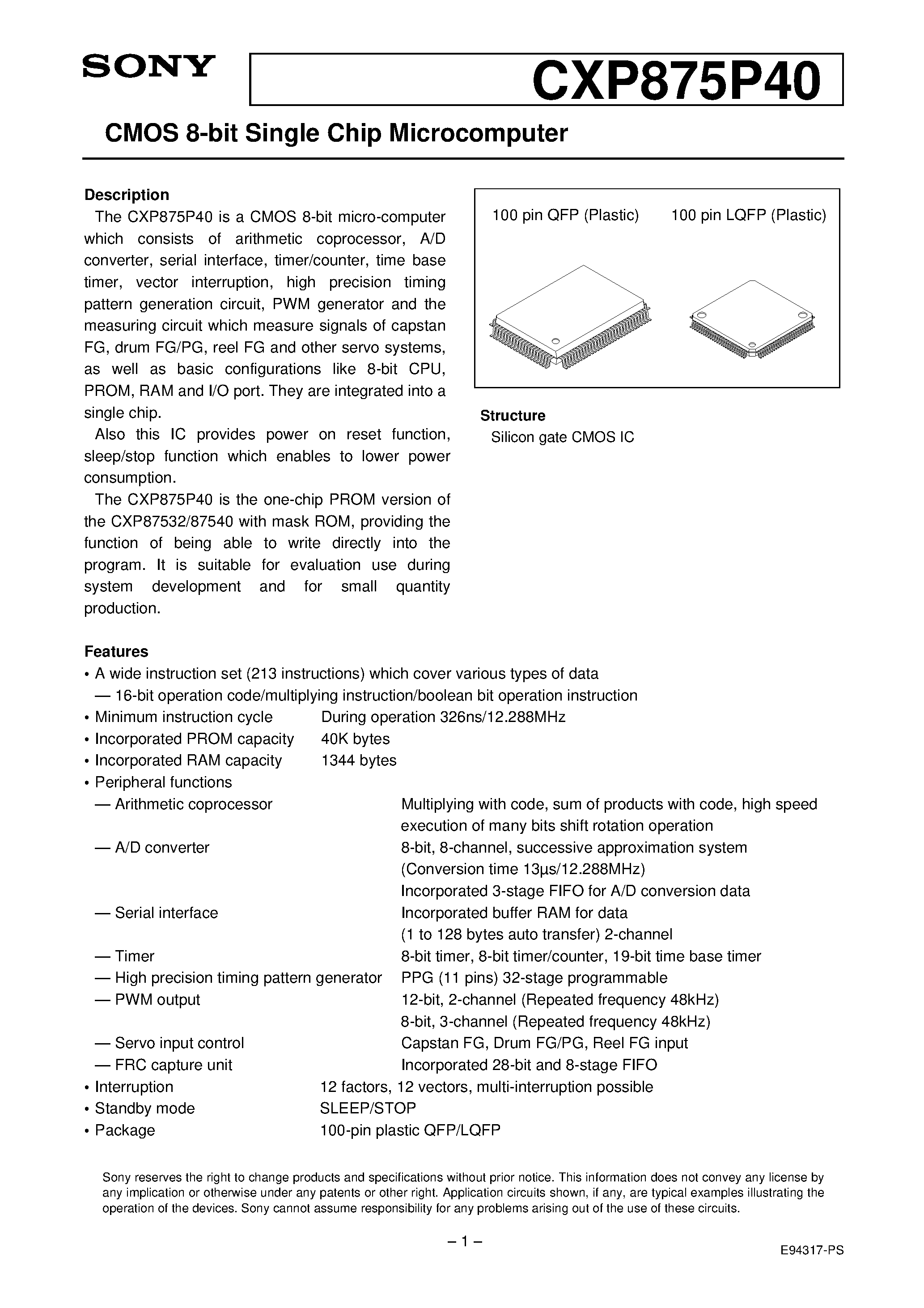 Даташит на микросхему CXP875P40 страница 1 Даташит CXP875P40 - CMOS 8-bit Single Chip Microcomputer страница 1