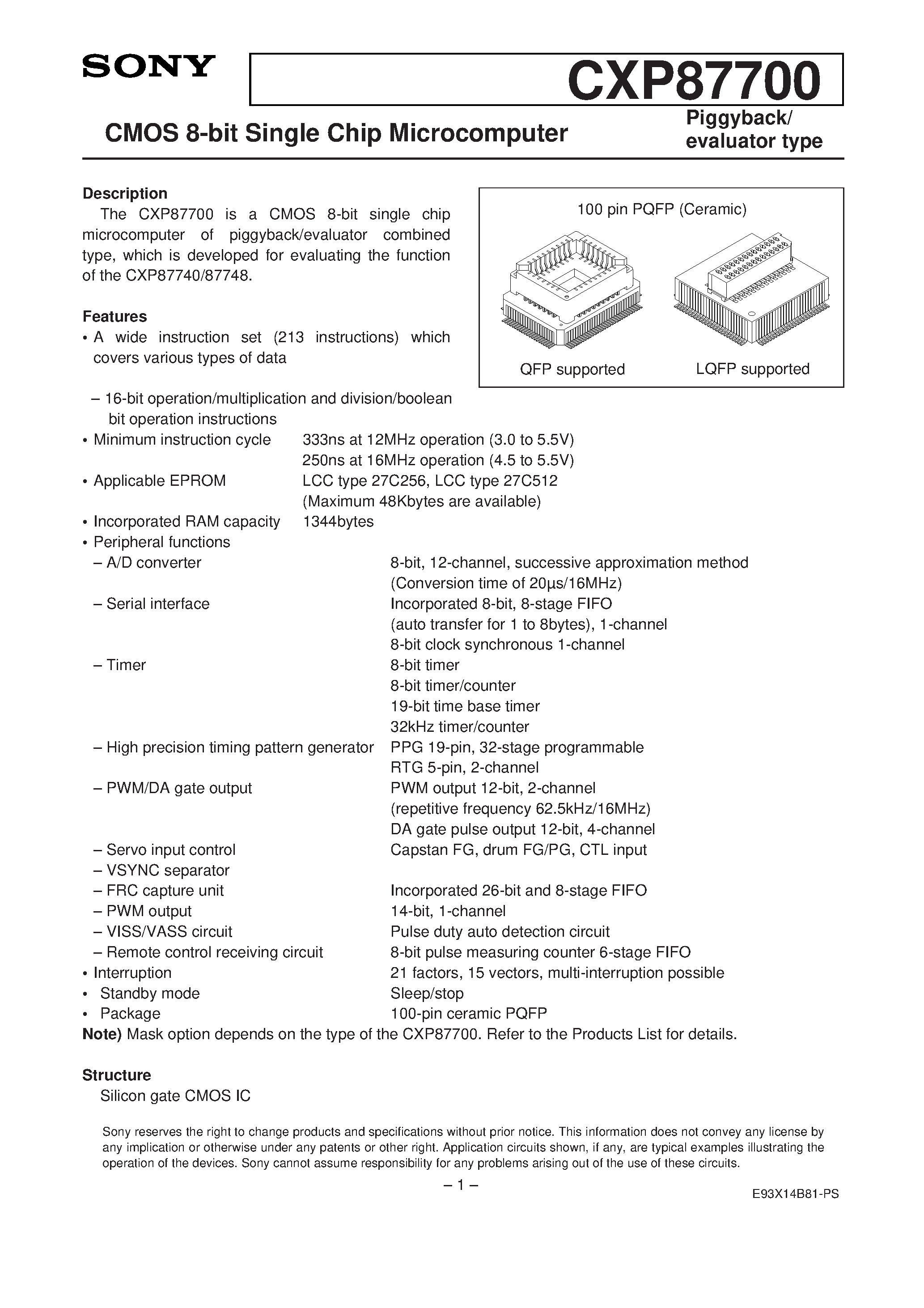 Даташит на микросхему CXP87700 страница 1 Даташит CXP87700 - CMOS 8-bit Single Chip Microcomputer страница 1