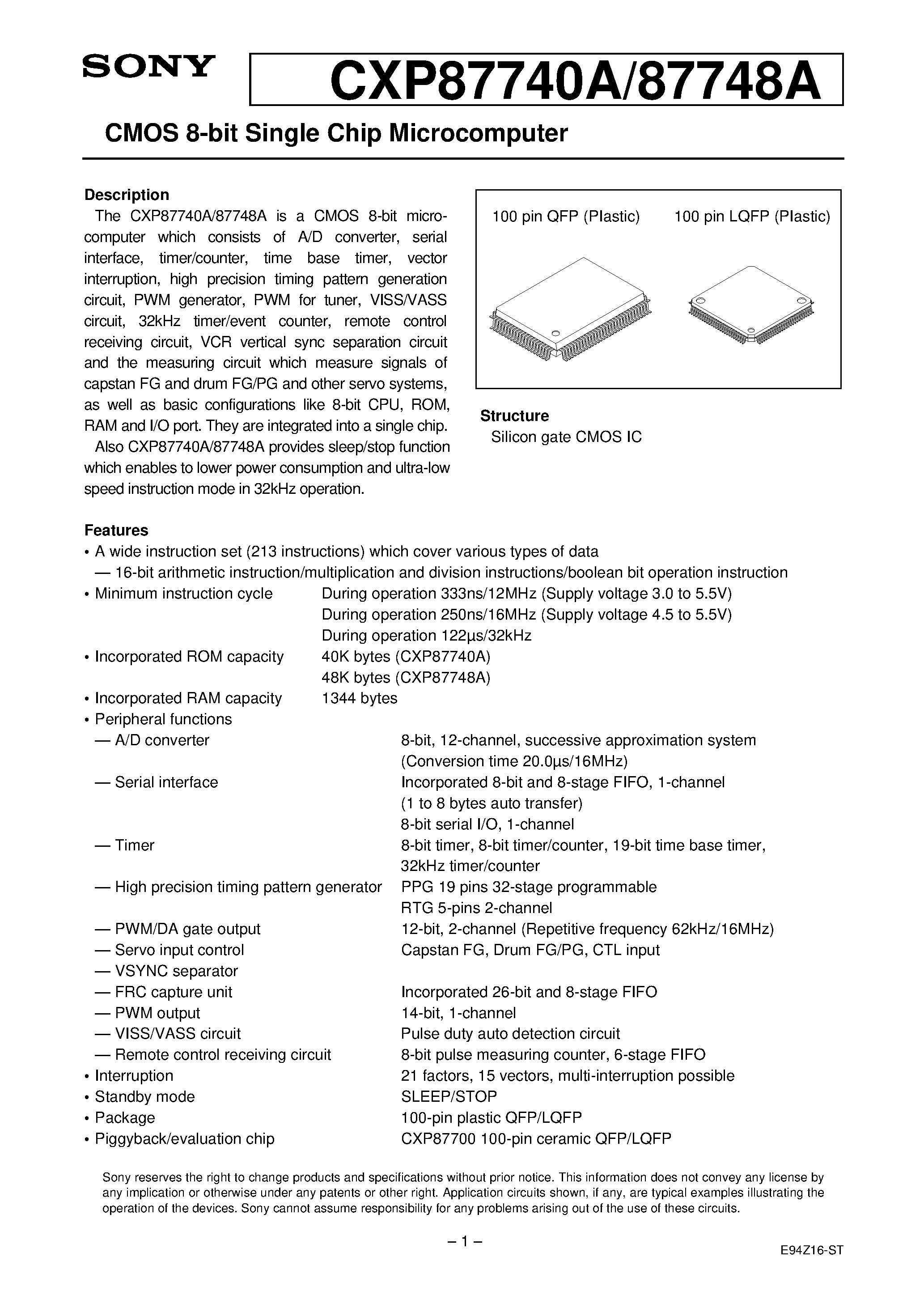 Даташит на микросхему CXP87748A страница 1 Даташит CXP87748A - CMOS 8-bit Single Chip Microcomputer страница 1