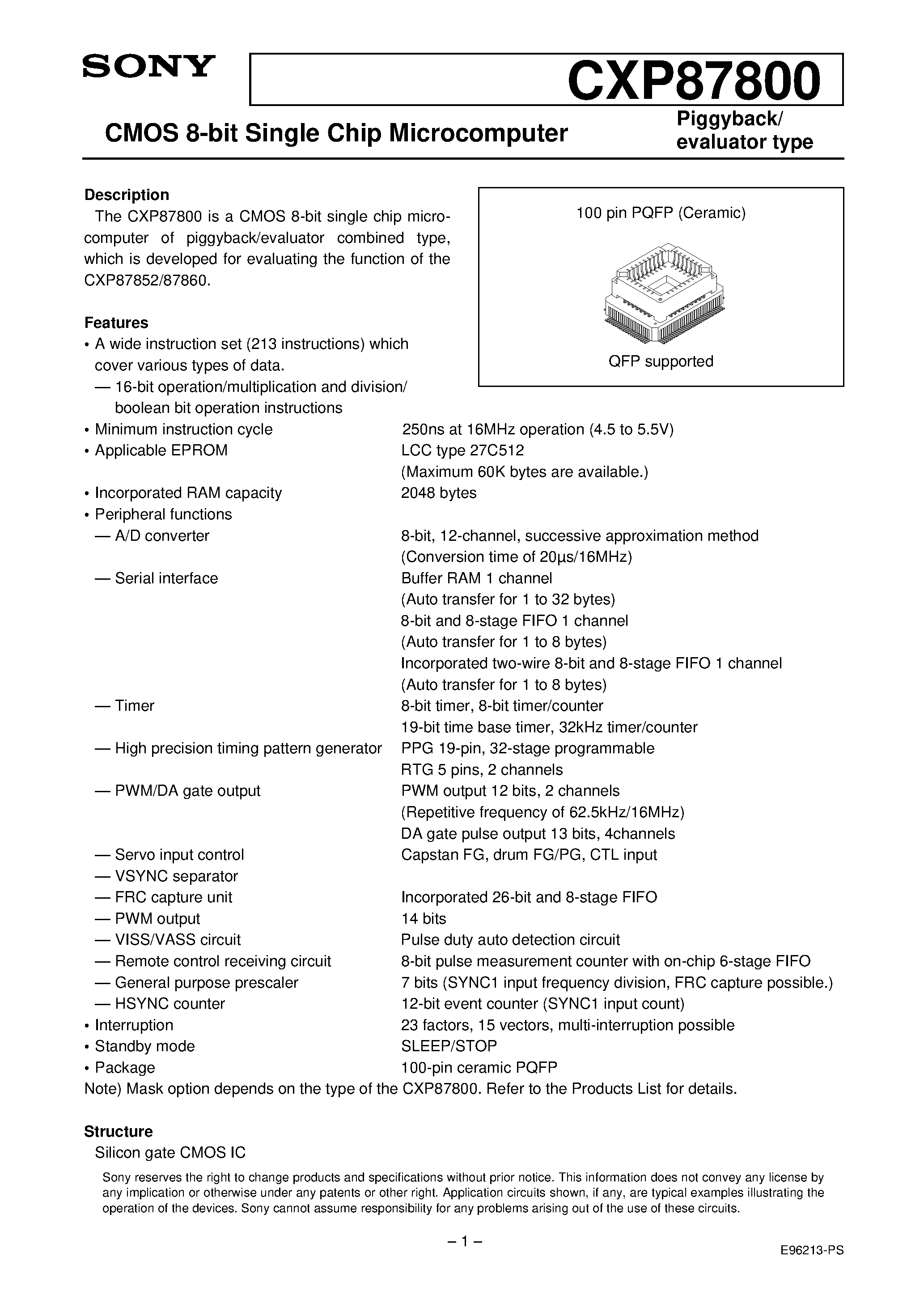 Даташит на микросхему CXP87800 страница 1 Даташит CXP87800 - CMOS 8-bit Single Chip Microcomputer страница 1