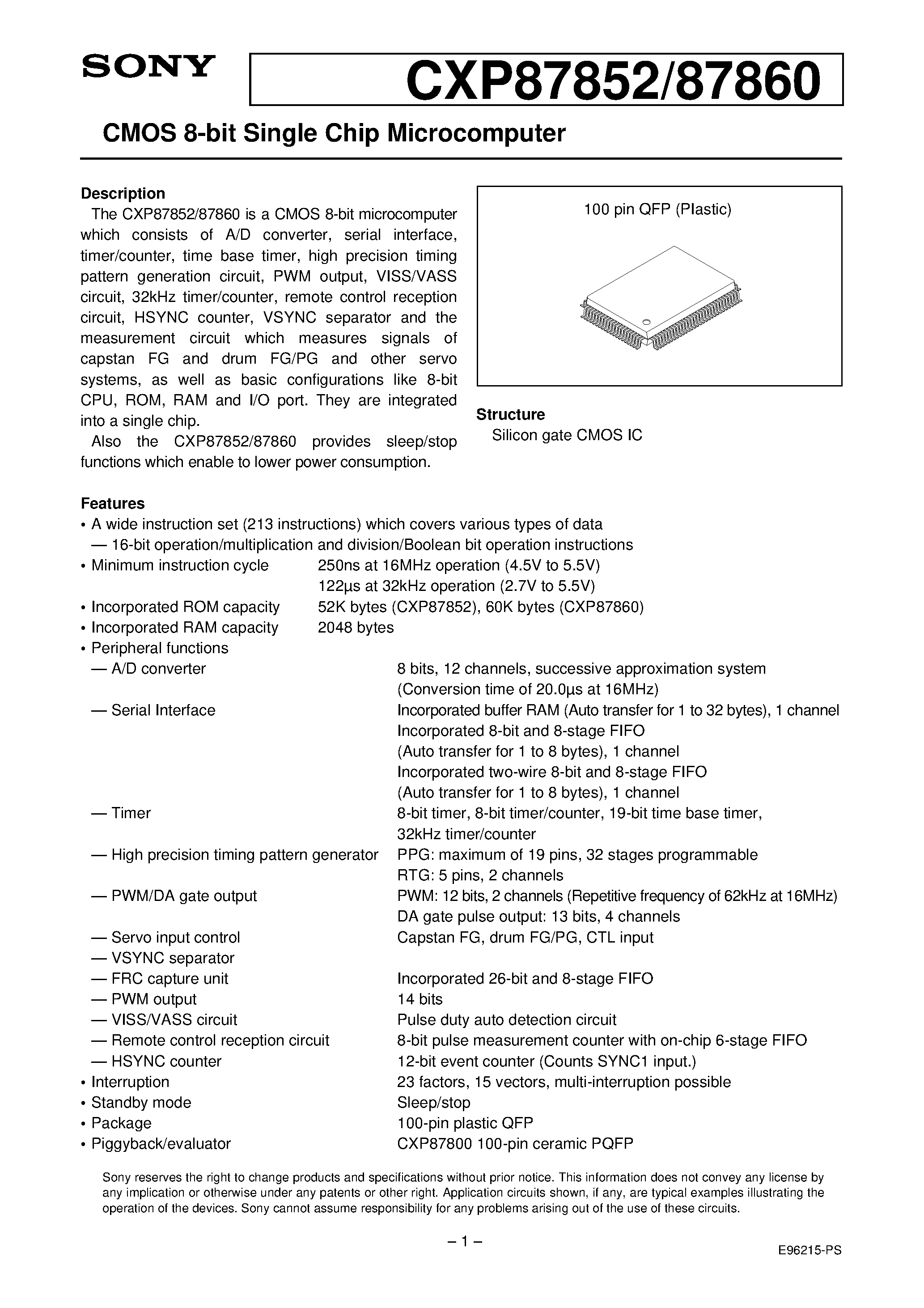 Даташит на микросхему CXP87852 страница 1 Даташит CXP87852 - CMOS 8-bit Single Chip Microcomputer страница 1