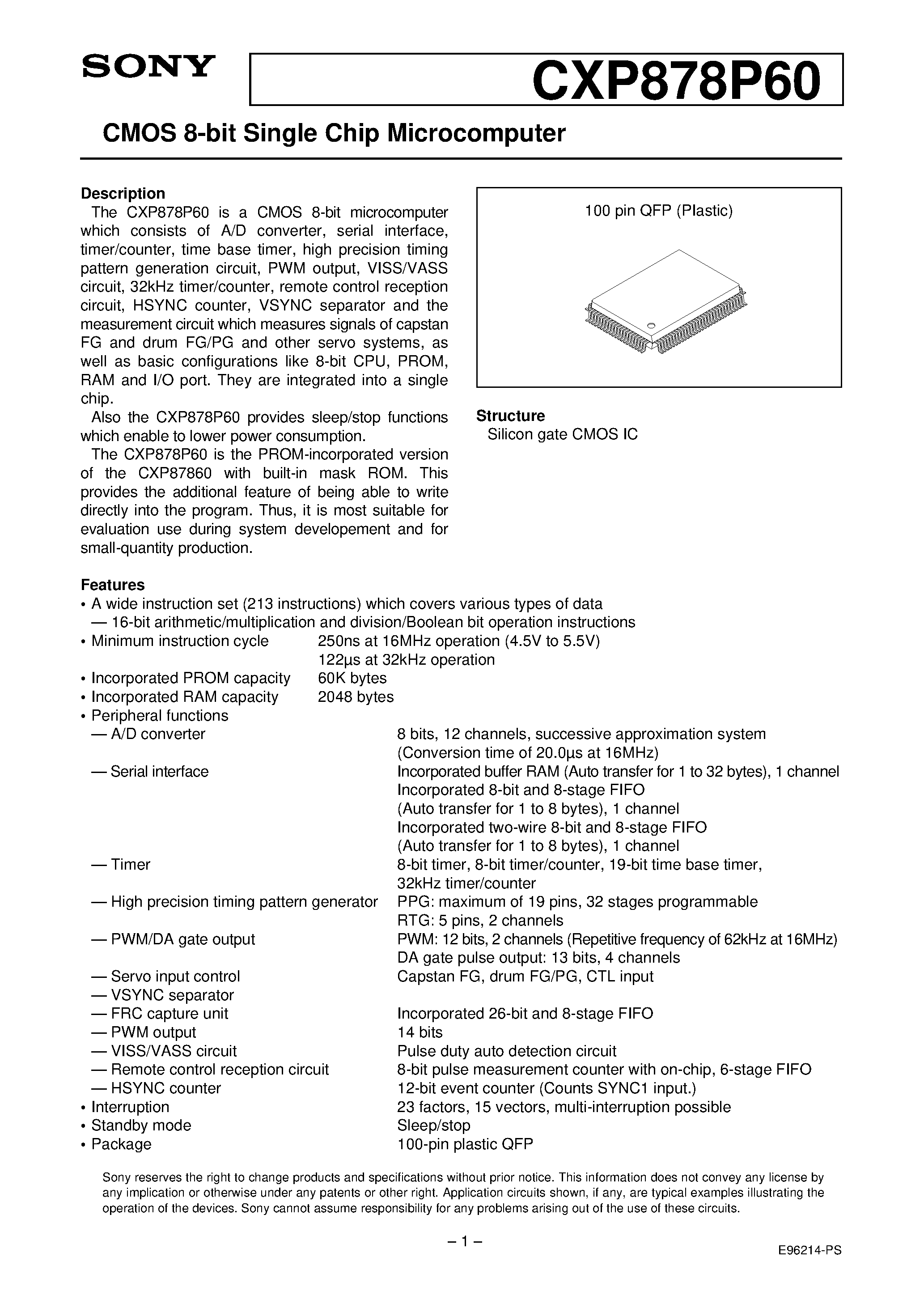 Даташит на микросхему CXP878P60 страница 1 Даташит CXP878P60 - CMOS 8-bit Single Chip Microcomputer страница 1