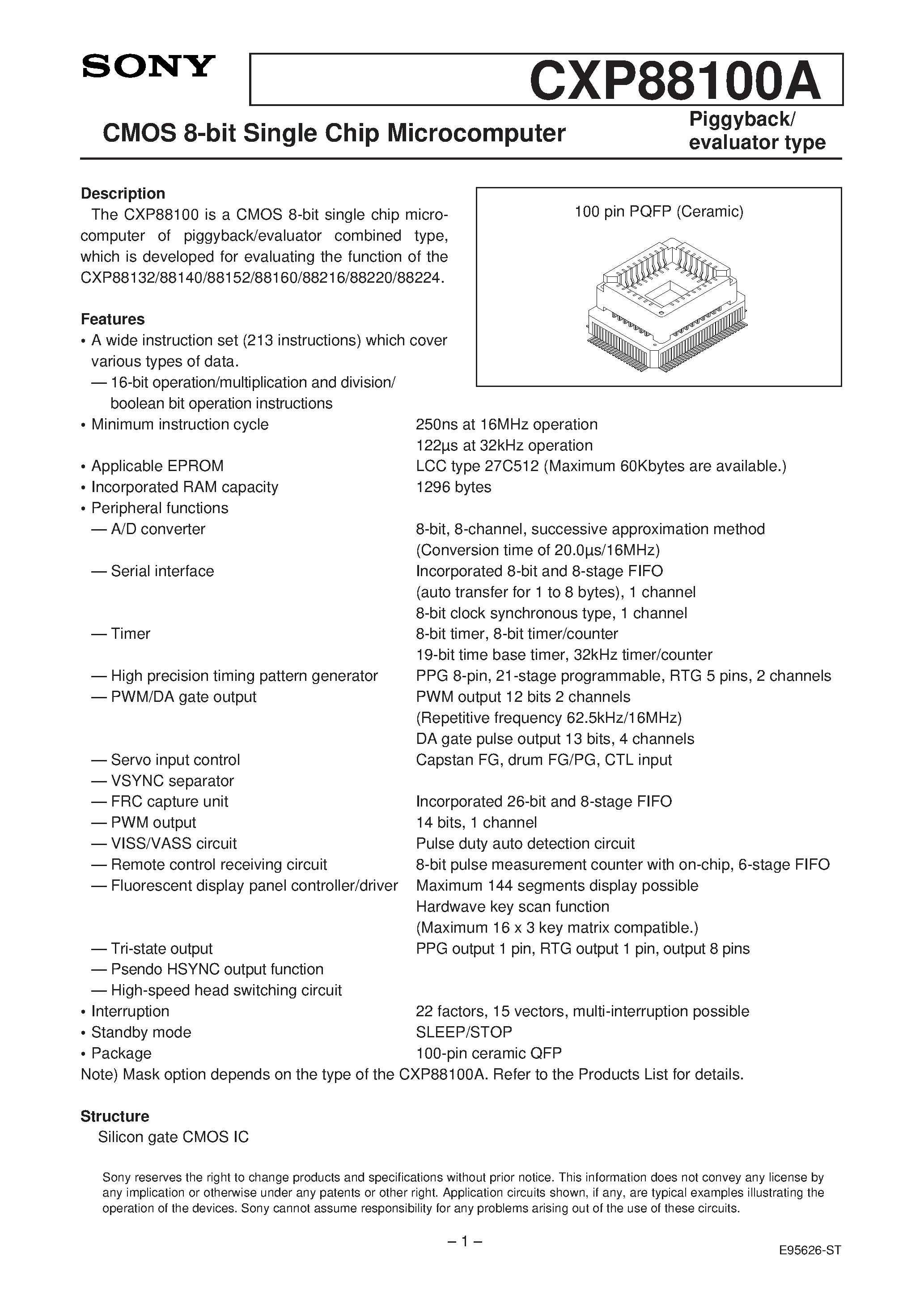 Даташит CXP88100A - CMOS 8-bit Single Chip Microcomputer страница 1