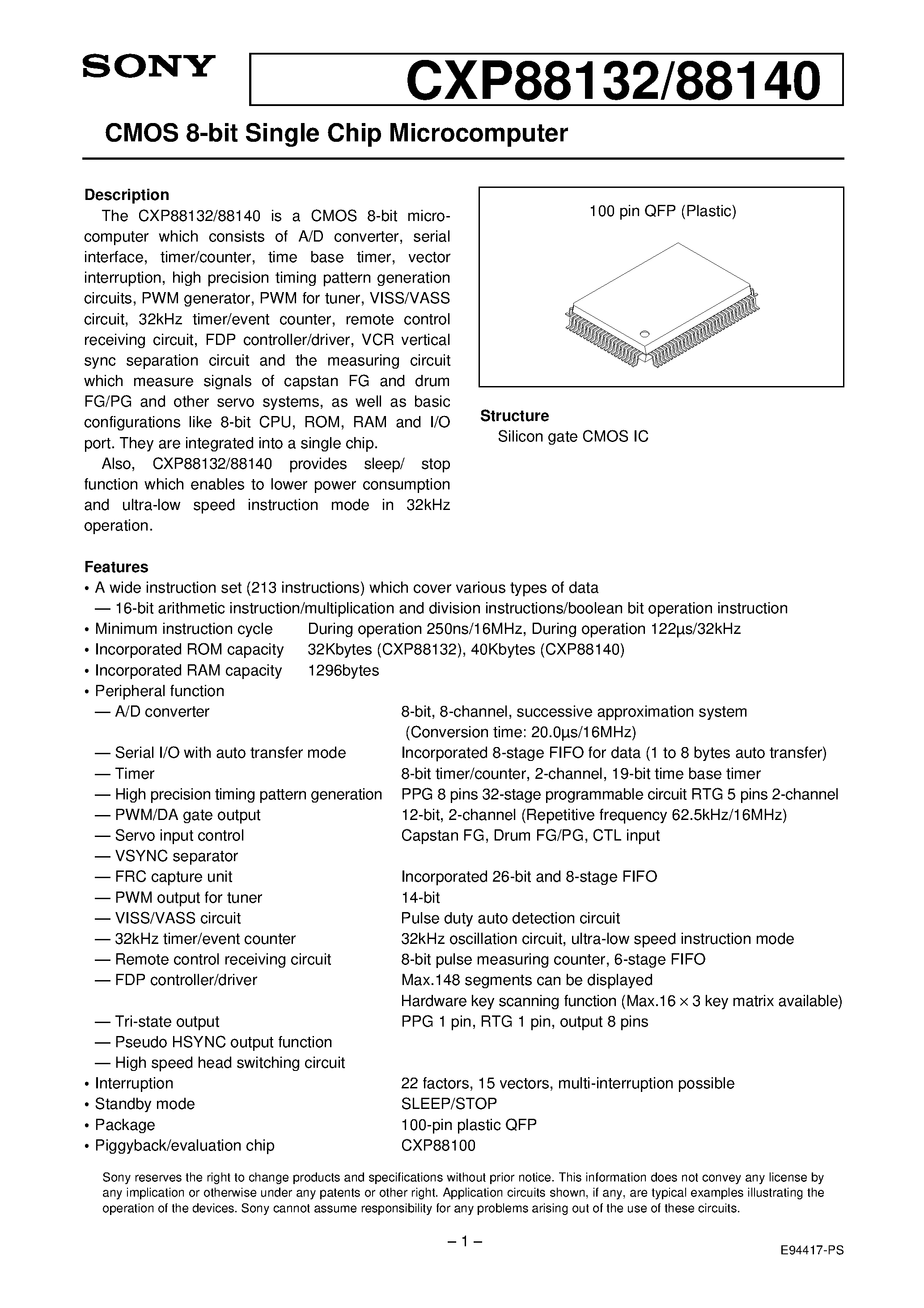 Даташит CXP88132 - CMOS 8-bit Single Chip Microcomputer страница 1