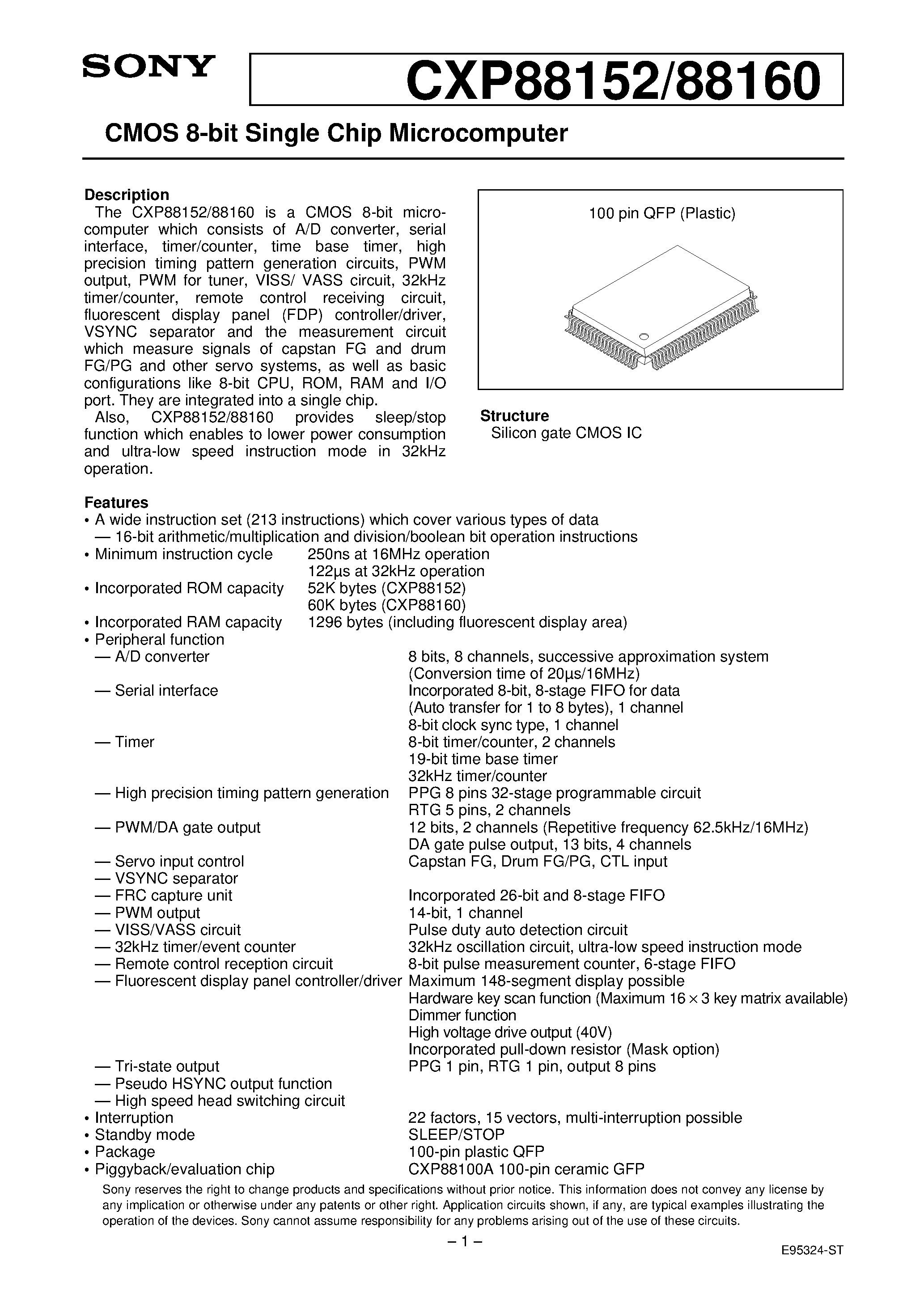 Даташит на микросхему CXP88152 страница 1 Даташит CXP88152 - CMOS 8-bit Single Chip Microcomputer страница 1