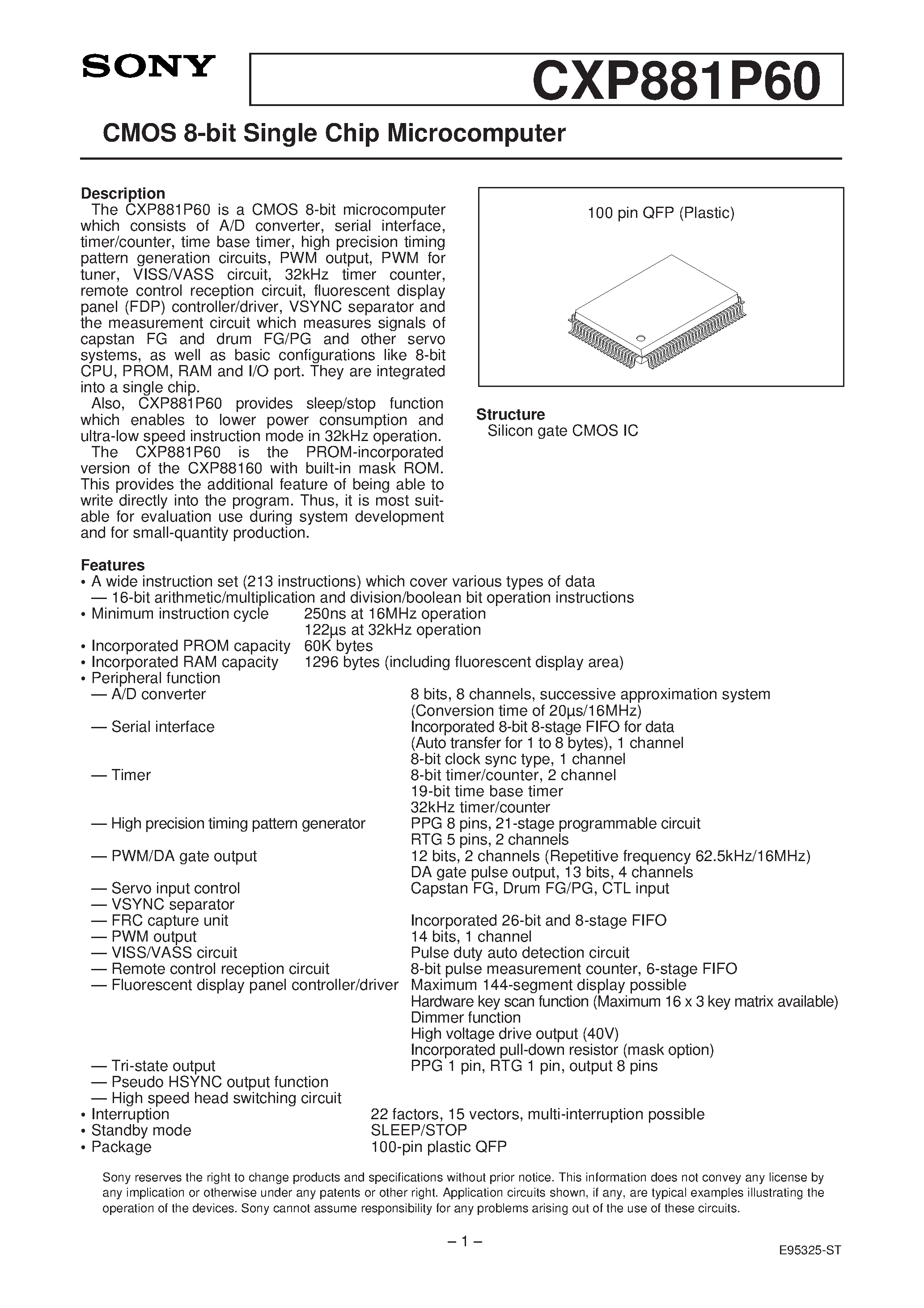 Даташит CXP881P60 - CMOS 8-bit Single Chip Microcomputer страница 1