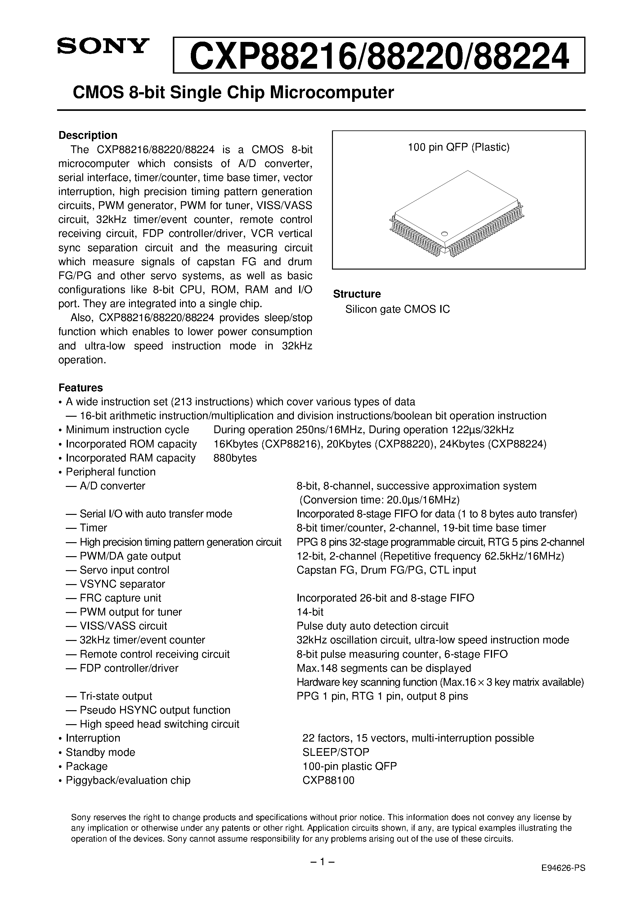 Даташит на микросхему CXP88224 страница 1 Даташит CXP88224 - CMOS 8-bit Single Chip Microcomputer страница 1