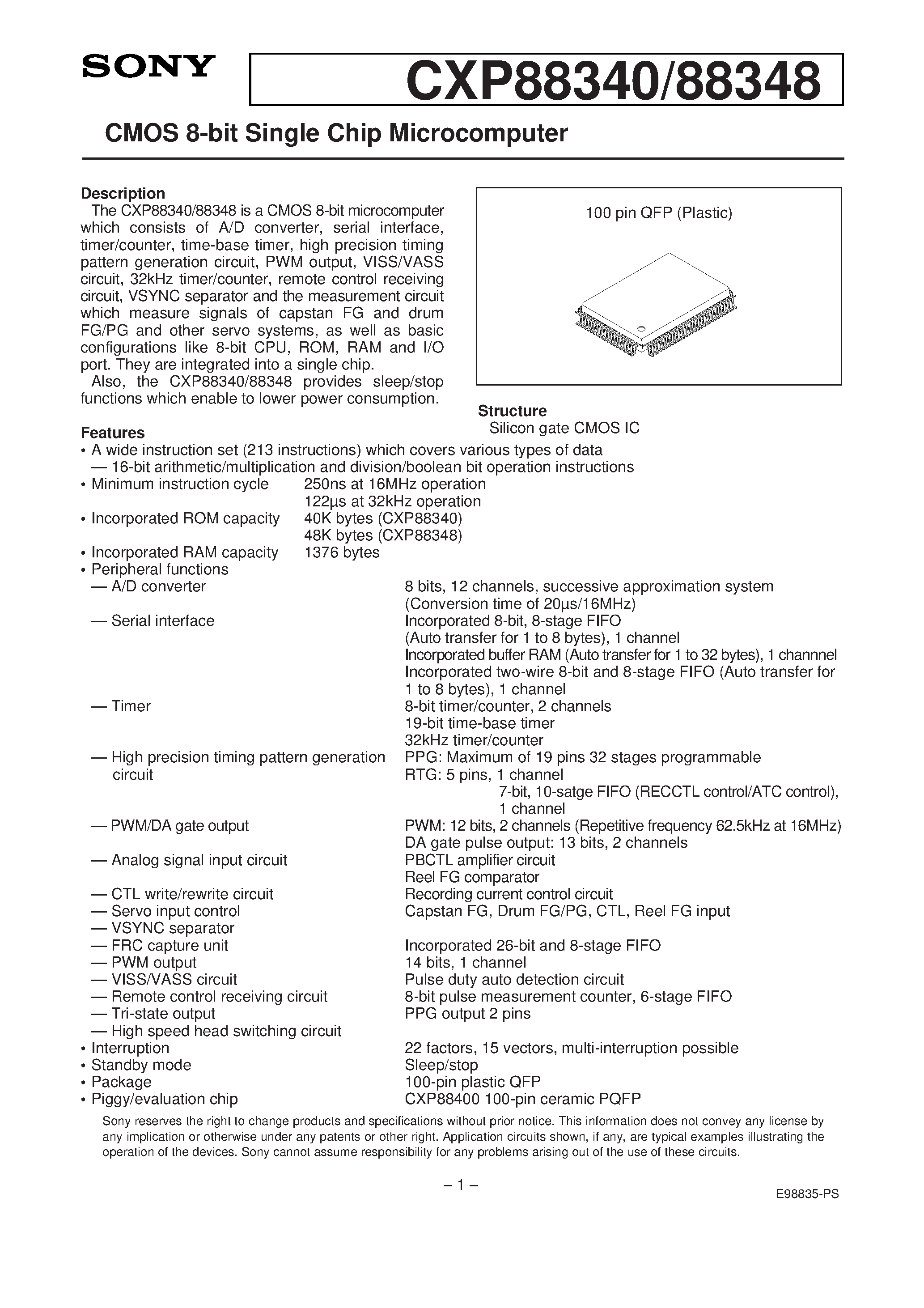 Даташит на микросхему CXP88340 страница 1 Даташит CXP88340 - CMOS 8-bit Single Chip Microcomputer страница 1