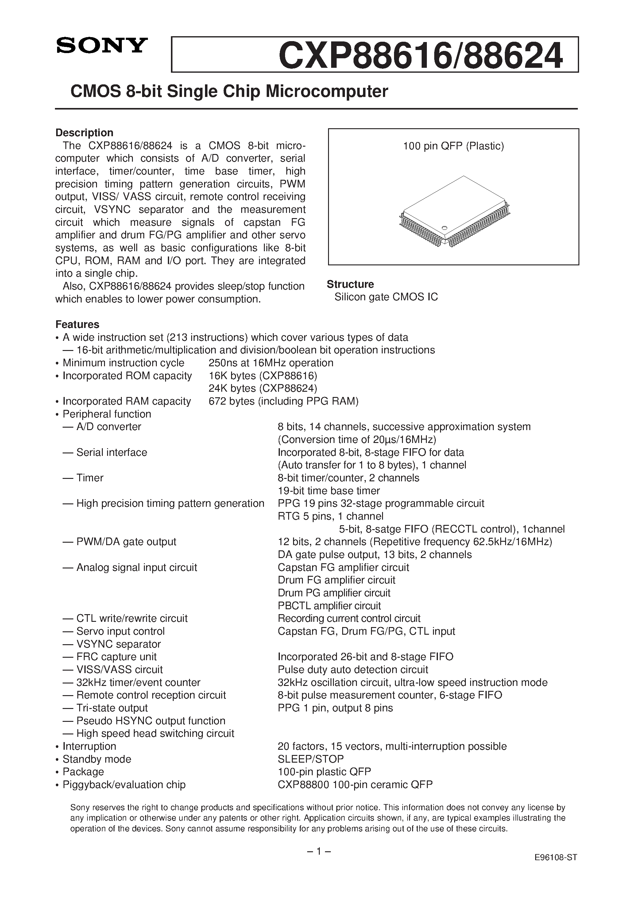Даташит на микросхему CXP88624 страница 1 Даташит CXP88624 - CMOS 8-bit Single Chip Microcomputer страница 1