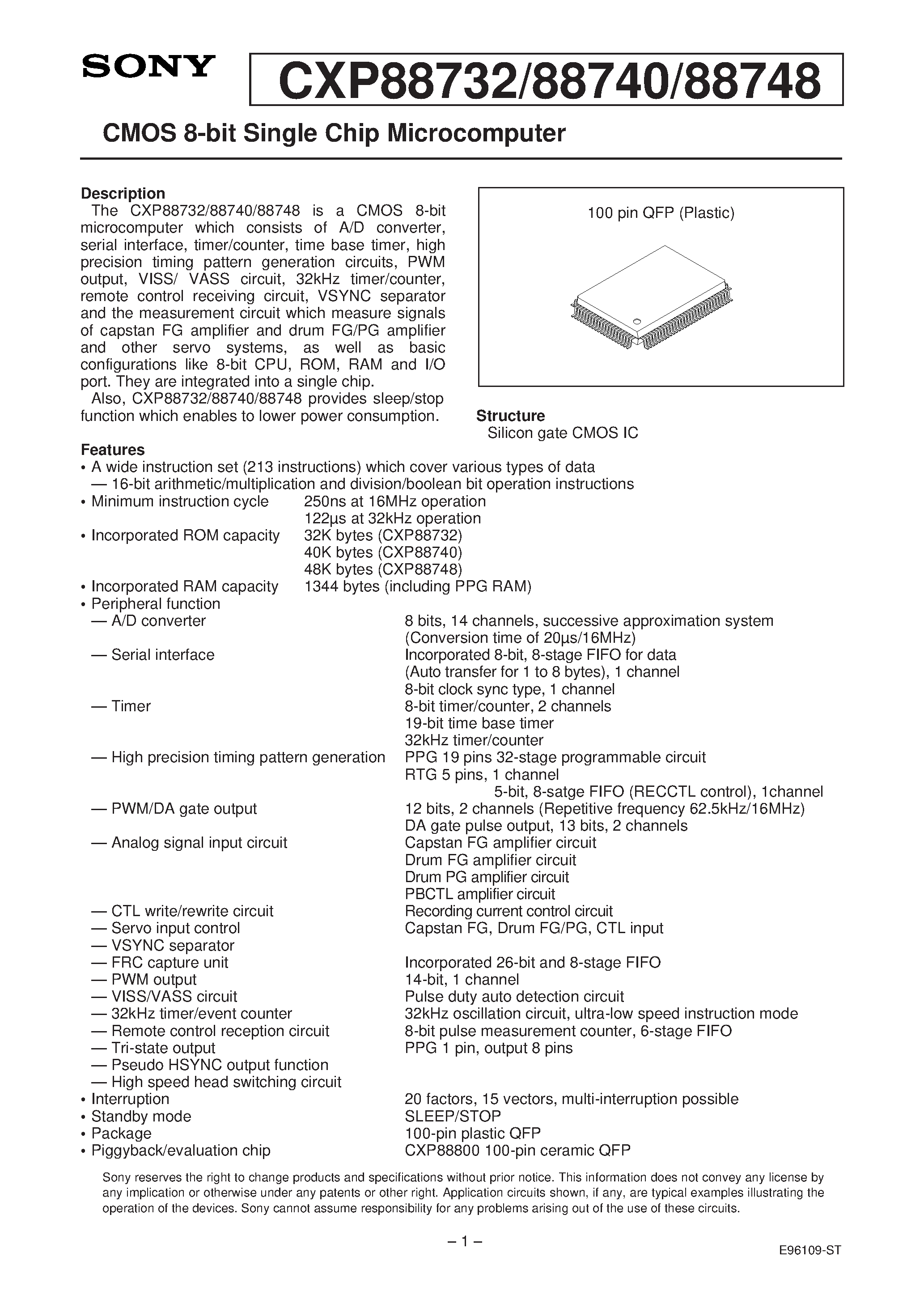 Даташит на микросхему CXP88732 страница 1 Даташит CXP88732 - CMOS 8-bit Single Chip Microcomputer страница 1