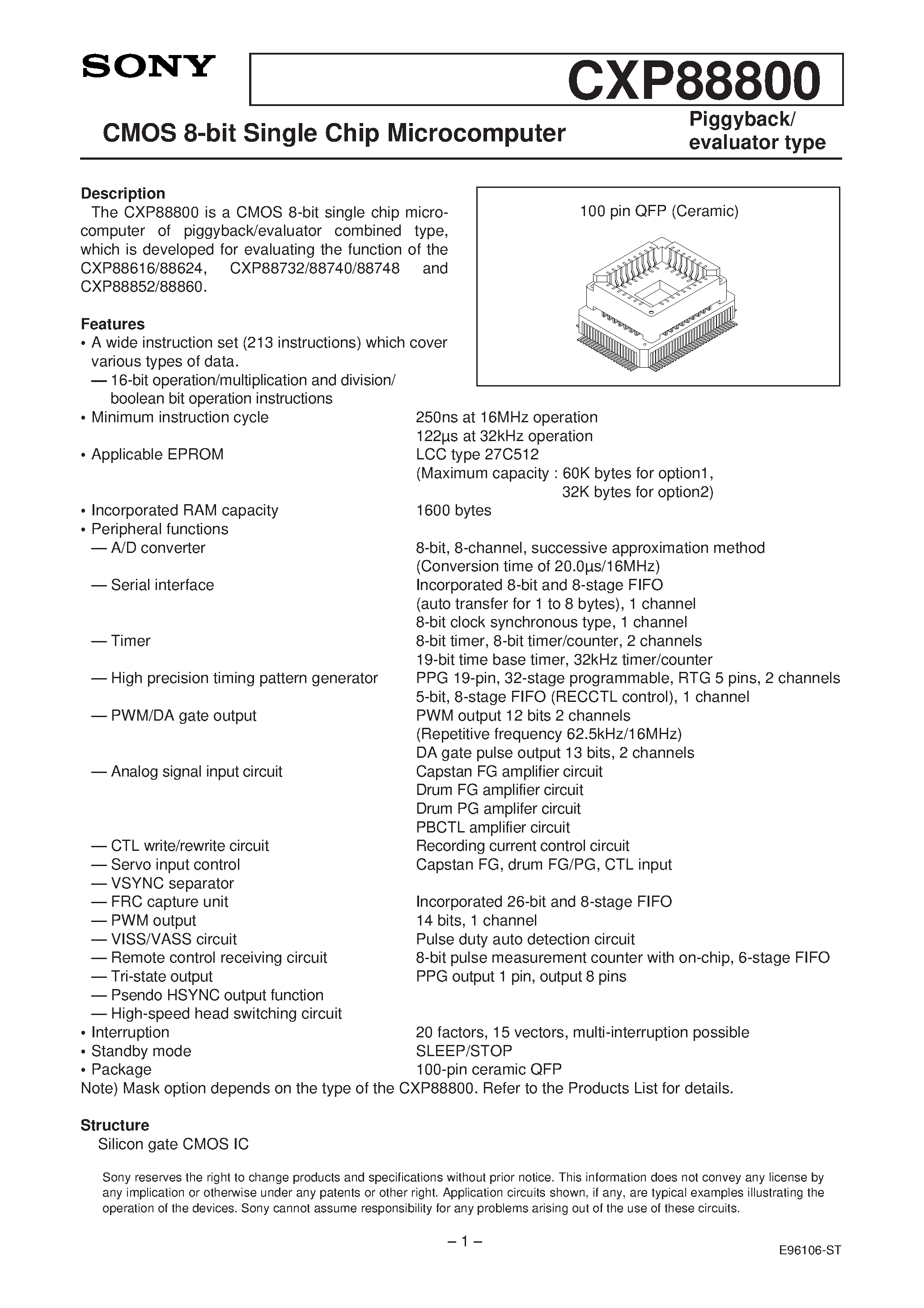 Даташит на микросхему CXP88800 страница 1 Даташит CXP88800 - CMOS 8-bit Single Chip Microcomputer страница 1