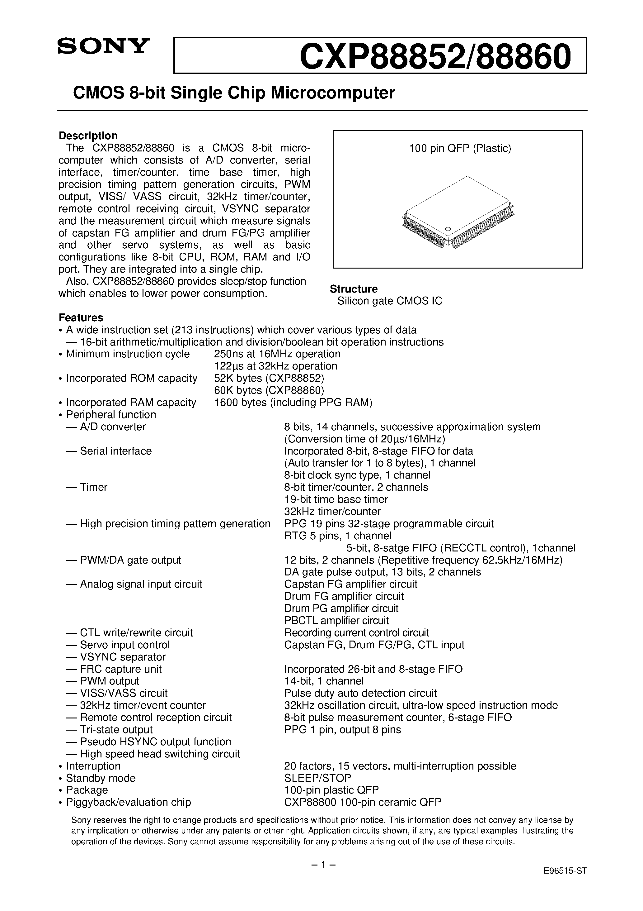 Даташит на микросхему CXP88852 страница 1 Даташит CXP88852 - CMOS 8-bit Single Chip Microcomputer страница 1