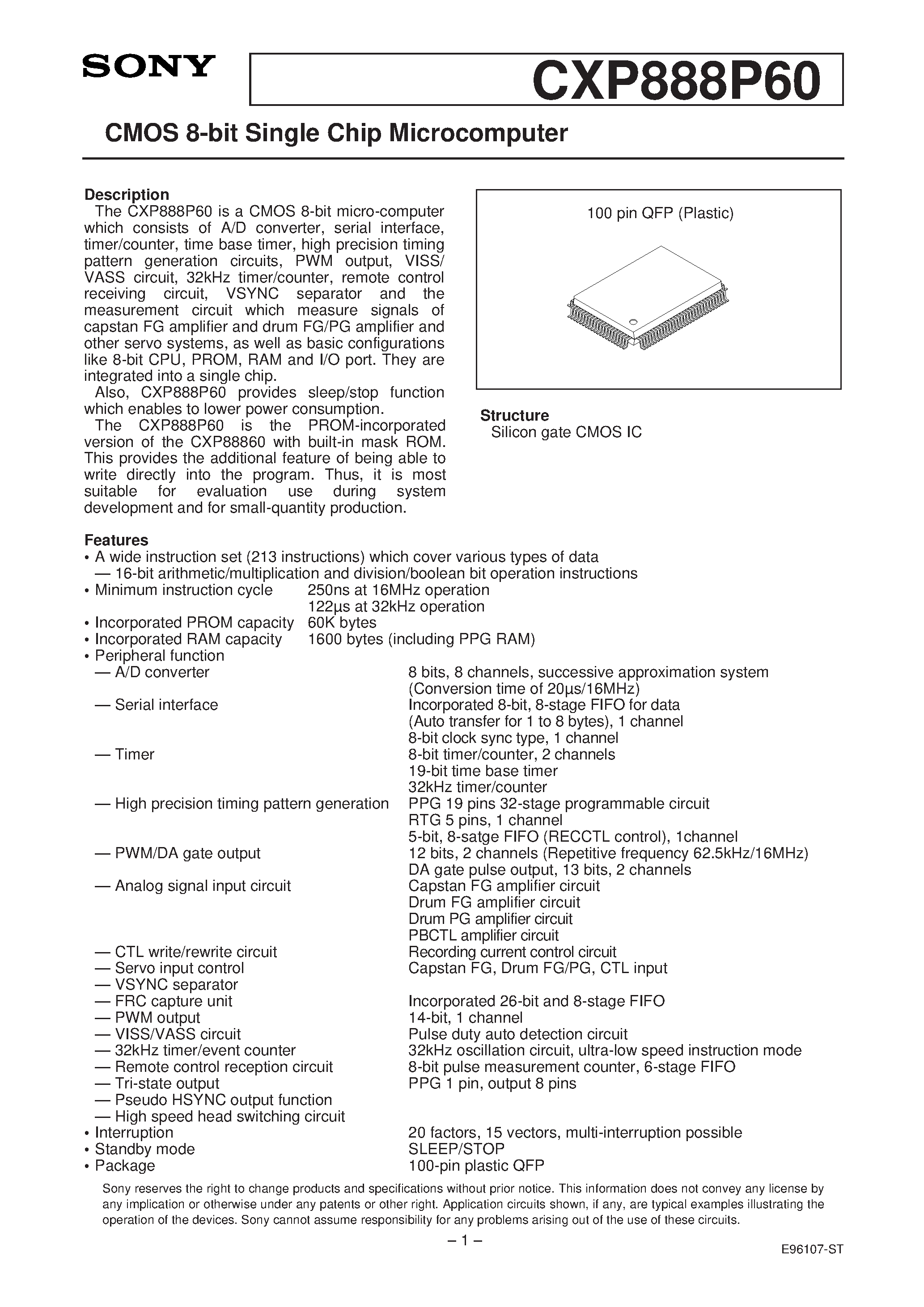 Даташит на микросхему CXP888P60 страница 1 Даташит CXP888P60 - CMOS 8-bit Single Chip Microcomputer страница 1