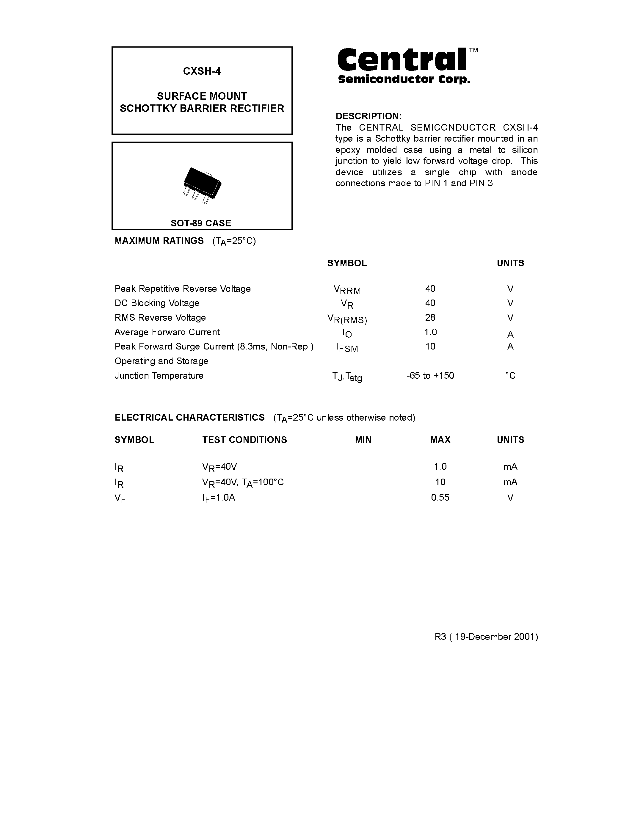 Datasheet CXSH-4 page 1 Datasheet CXSH-4 - SURFACE MOUNT SCHOTTKY BARRIER RECTIFIER page 1