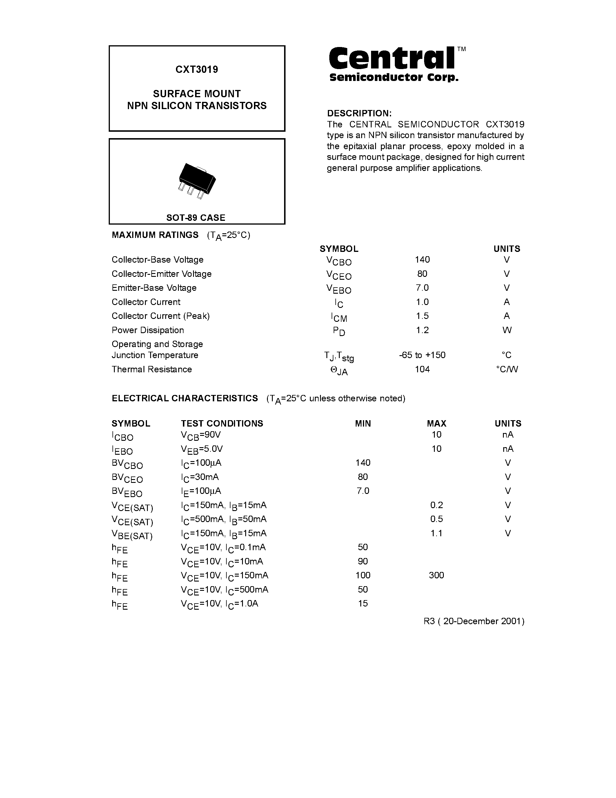 Даташит CXT3019 - SURFACE MOUNT NPN SILICON TRANSISTORS страница 1