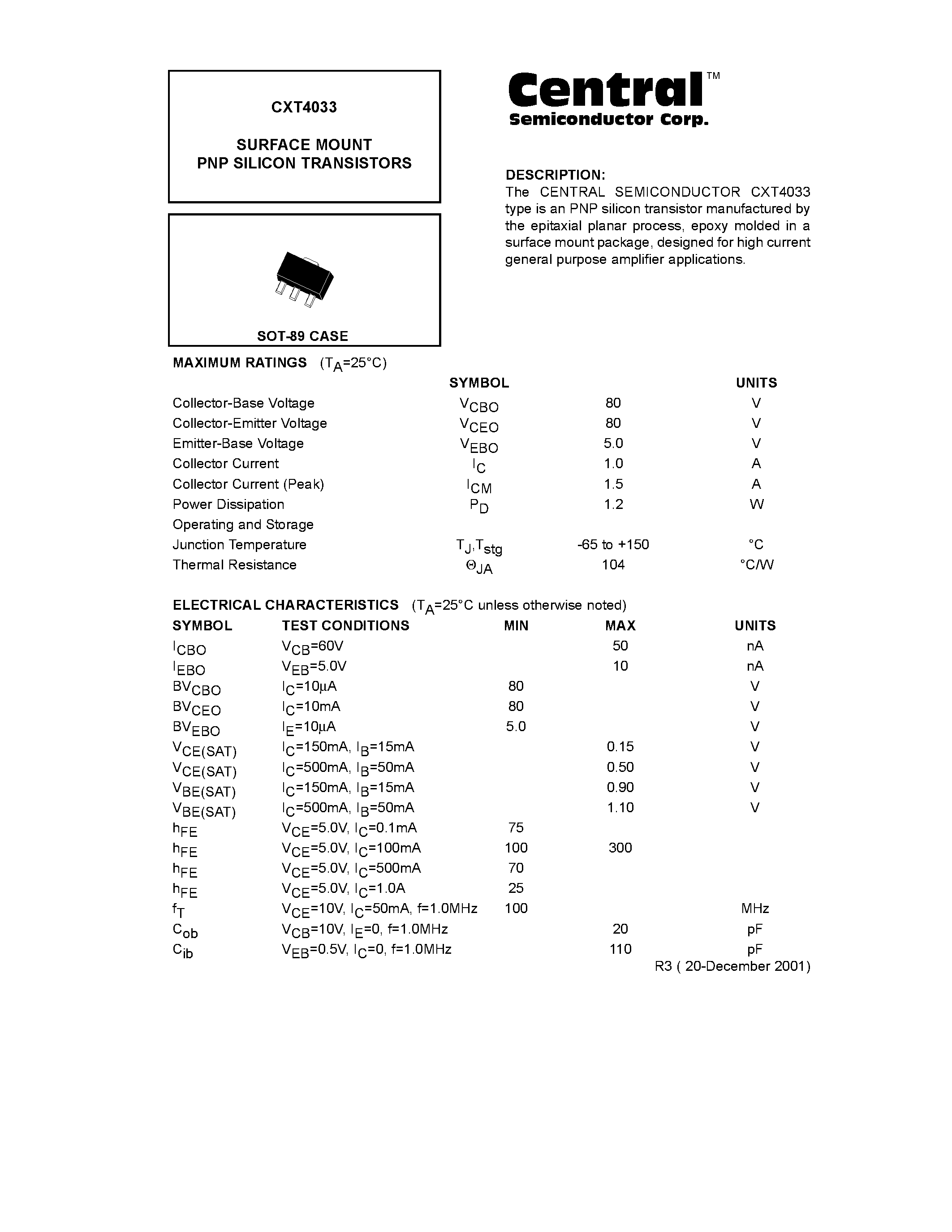 Даташит CXT4033 - SURFACE MOUNT PNP SILICON TRANSISTORS страница 1
